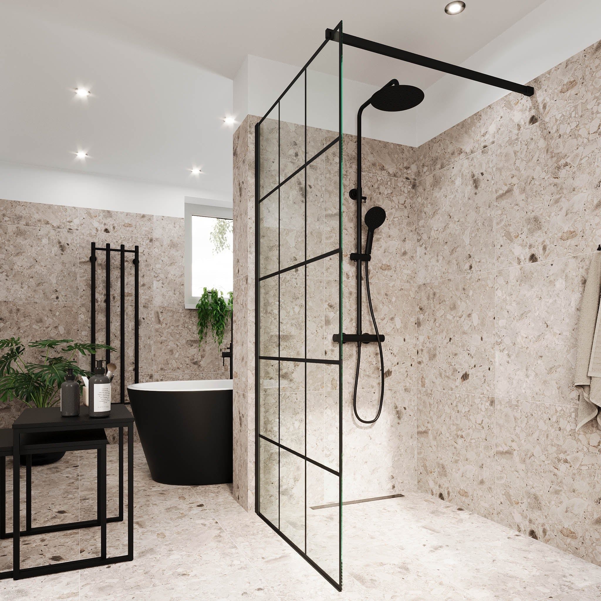 Shower screen with bar 90x195 cm - 5 mm clear nano glass with black bars - black profile - Sandefjord - MASTERSTORE - 8595677180480 - Shower Walls - 42-090-08-02-00 - 8595677180480