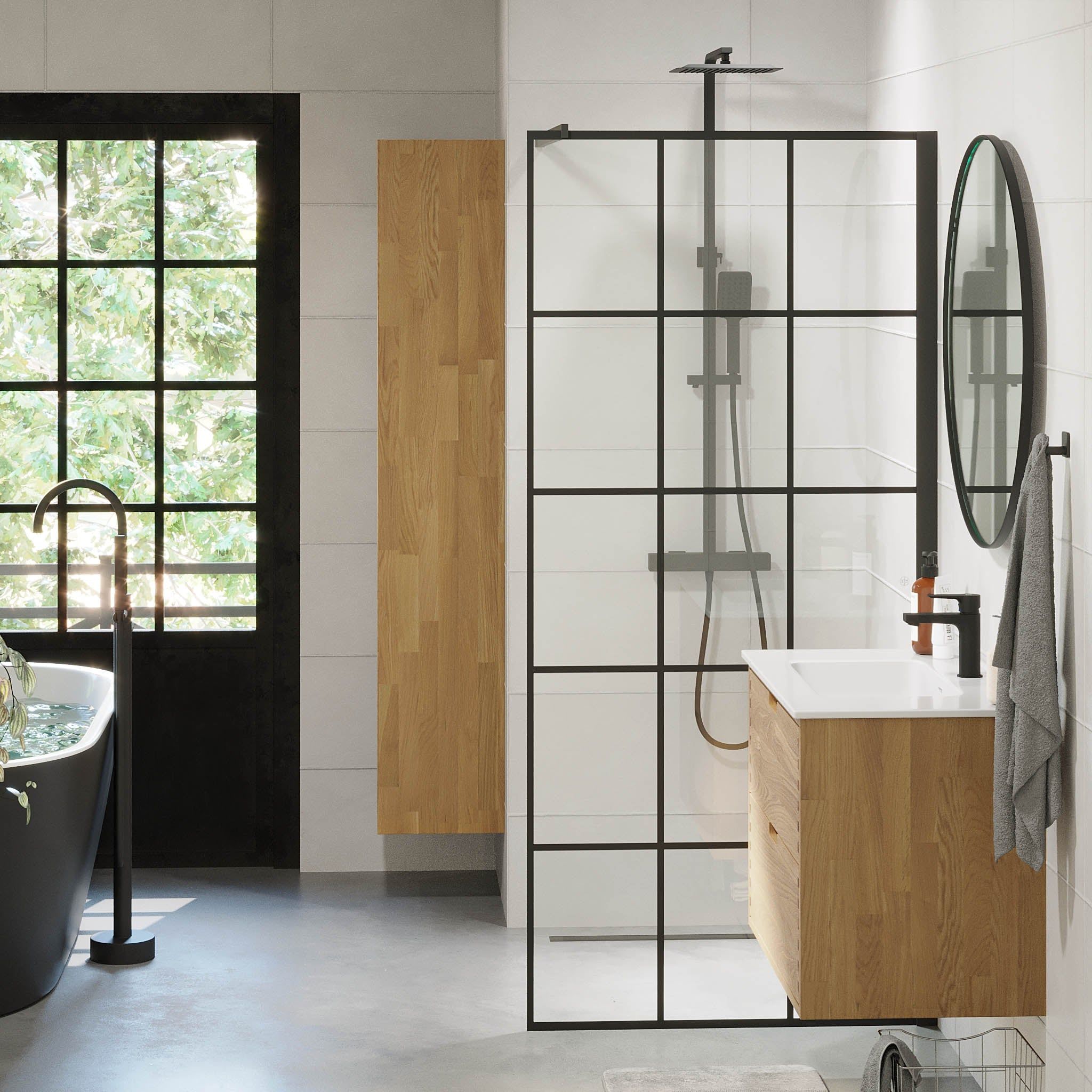 Shower screen with bar 90x195 cm - 5 mm clear nano glass with black bars - black profile - Sandefjord - MASTERSTORE - 8595677180480 - Shower Walls - 42-090-08-02-00 - 8595677180480