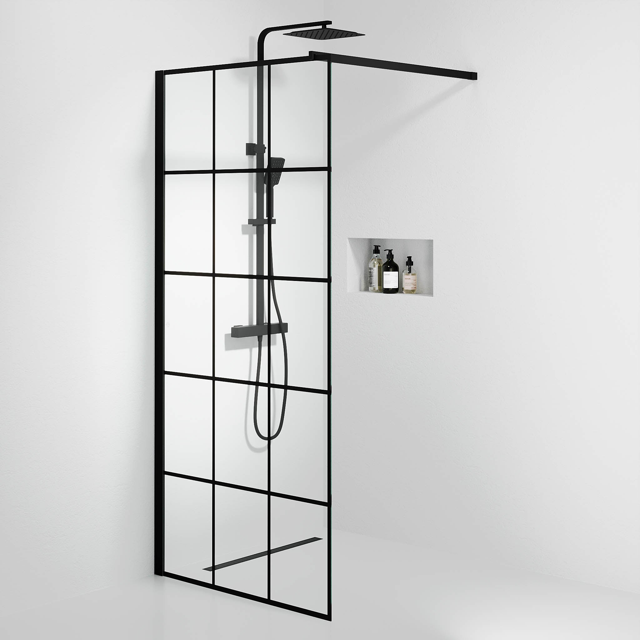 Sandefjord duschvägg, Svart profil, Klart glas med spröjs - Duschväggar - BATH DELUXE - EXCLUSIVE - 42 - 090 - 08 - 02 - 00 - BATHDELUXE SWEDEN