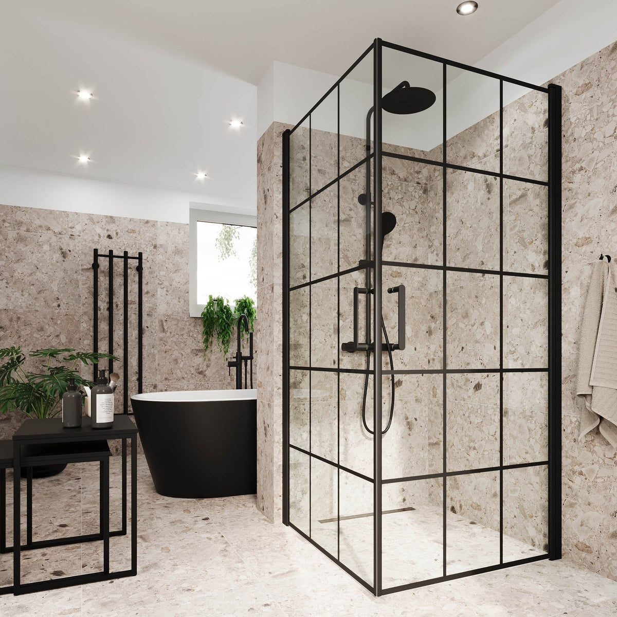 Shower enclosure square 90x90x195 cm - 5 mm clear nano glass with black bars - black profile - Sandefjord - MASTERSTORE - 8595677180510 - Shower Enclosures - 42-090-09-02-00 - 8595677180510
