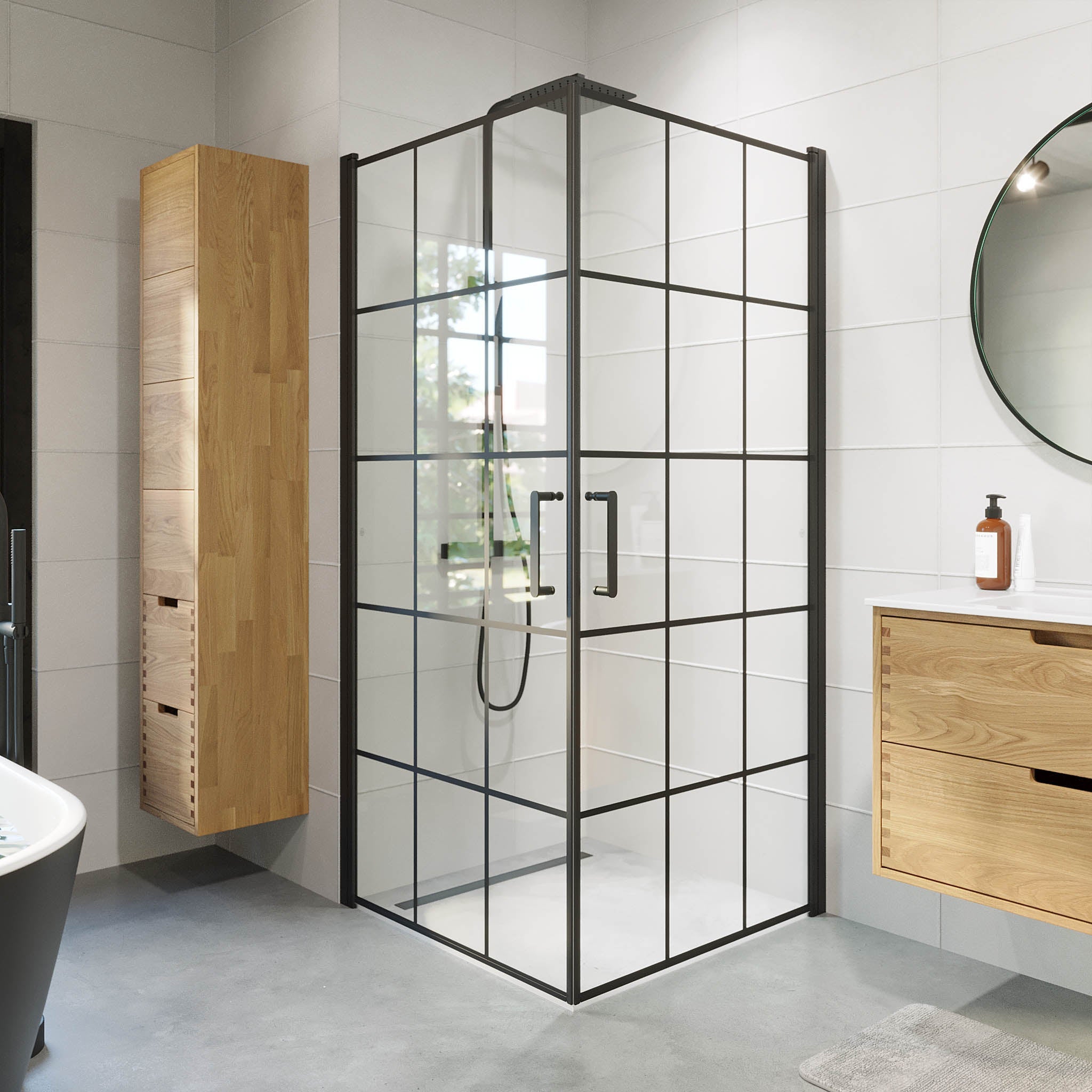 Sandefjord Duschhörn, Dörr + Vägg, Klarglas med Spröjs, Svart Profil - Duschhörna - BATH DELUXE - EXCLUSIVE - 42 - 090 - 09 - 02 - 00 - BATHDELUXE SWEDEN