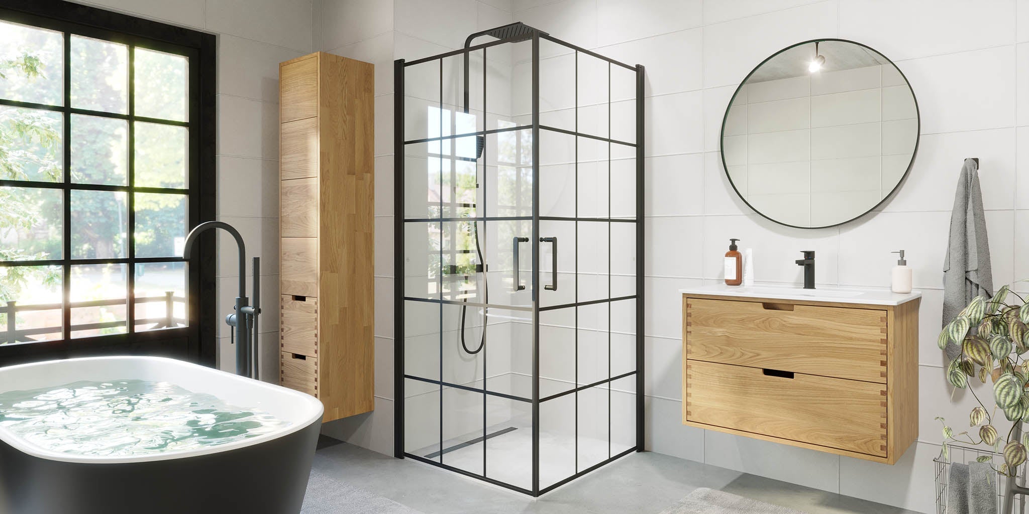 Sandefjord Duschhörn, Dörr + Vägg, Klarglas med Spröjs, Svart Profil - Duschhörna - BATH DELUXE - EXCLUSIVE - 42 - 090 - 09 - 02 - 00 - BATHDELUXE SWEDEN