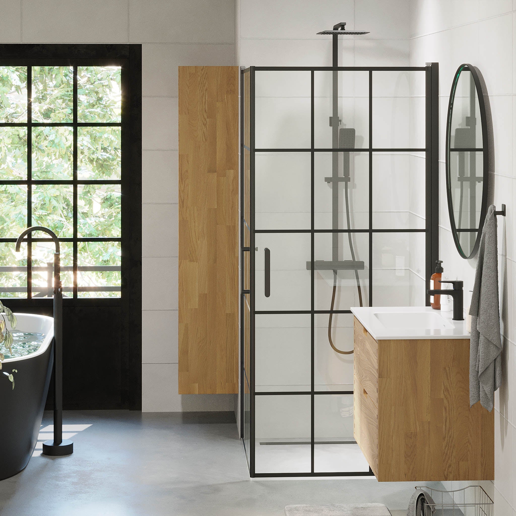 Sandefjord Duschhörn, Dörr + Vägg, Klarglas med Spröjs, Svart Profil - Duschhörna - BATH DELUXE - EXCLUSIVE - 42 - 090 - 09 - 02 - 00 - BATHDELUXE SWEDEN