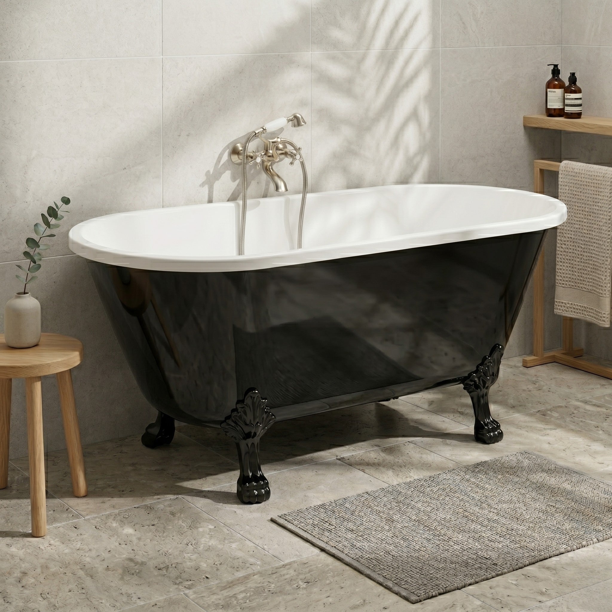 Fristående retro badkar 160 cm i svart akryl med svarta lejontassar och avloppssats - Rønne - Fritstående badkar - Bath Deluxe - Rønne - 47-160-64-12-42 - BATHDELUXE SWEDEN