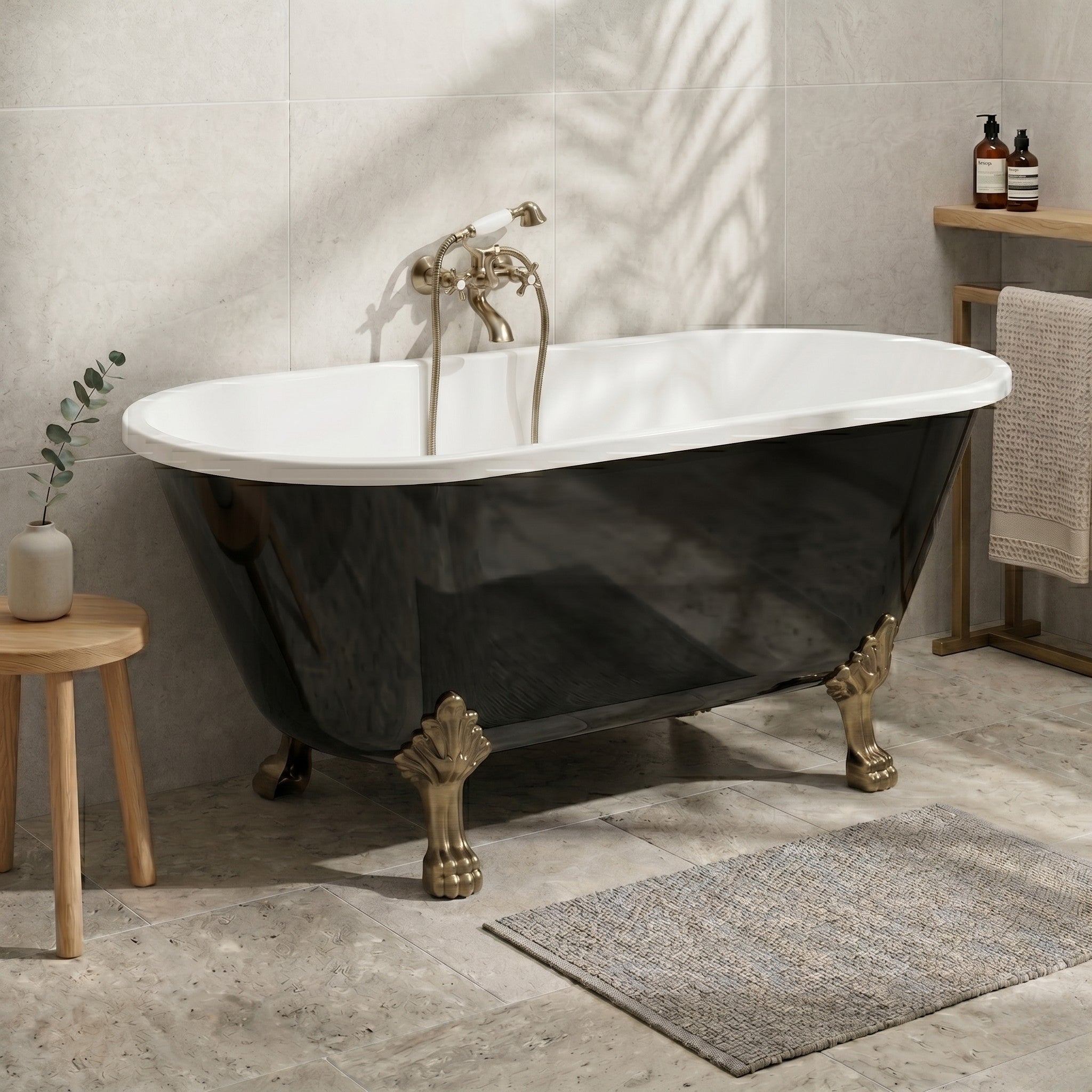 Fristående retro badkar 160 cm i svart akryl med lejontassar i antikmässing och avloppssats - Rønne - Fritstående badkar - Bath Deluxe - Rønne - 47-160-64-65-42 - BATHDELUXE SWEDEN