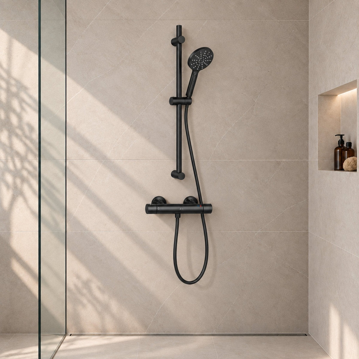 Shower set with thermostatic mixer and 3-function hand shower - 150 mm c/c - matt black - Holly/Dragør - MASTERSTORE - 8595677159875 - Shower set - 48-150-06-02-40 - 8595677159875