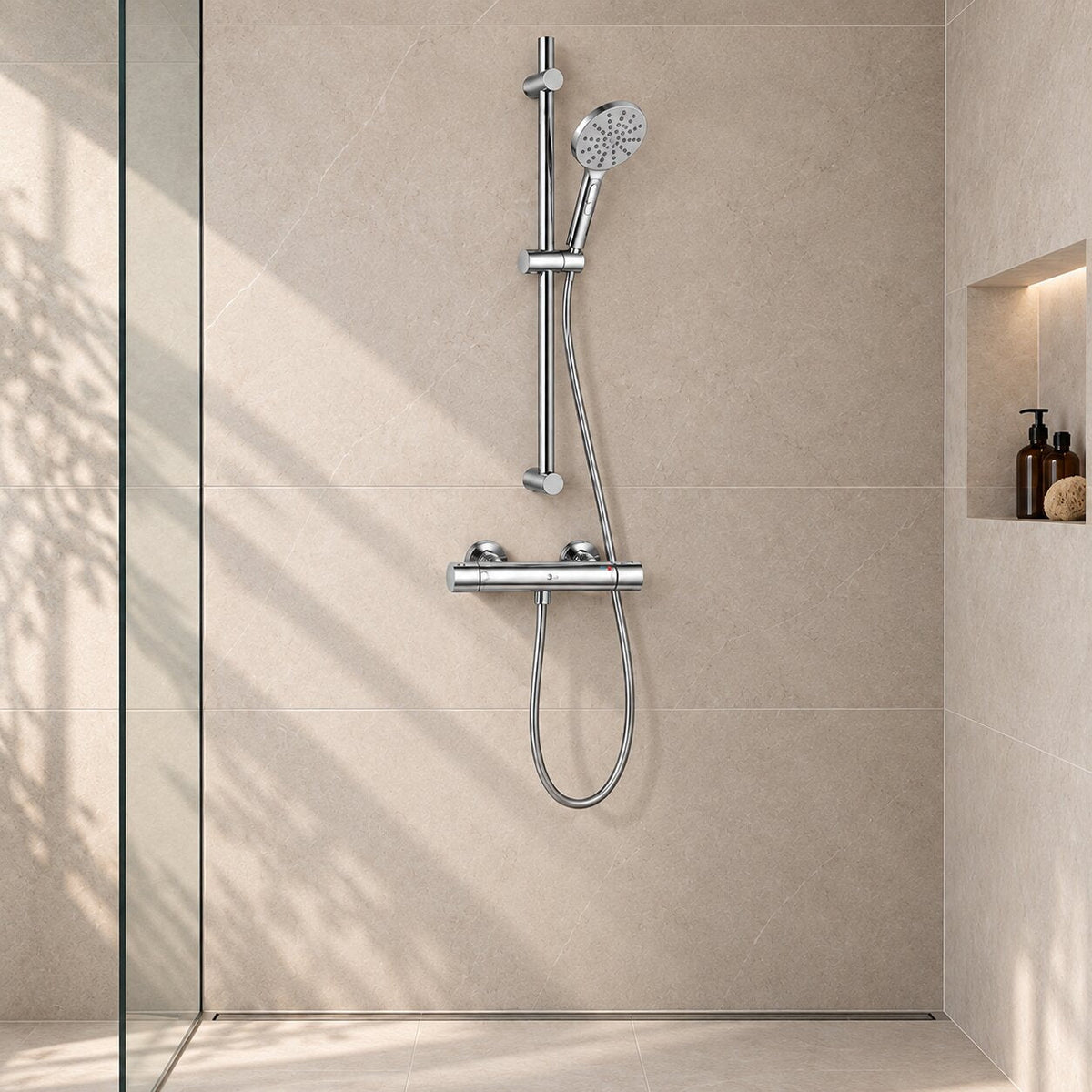 Shower set with thermostatic mixer and 3-function hand shower - 150 mm c/c - chrome - Holly/Dragør - MASTERSTORE - 8595677159899 - Shower set - 48-150-06-60-40 - 8595677159899