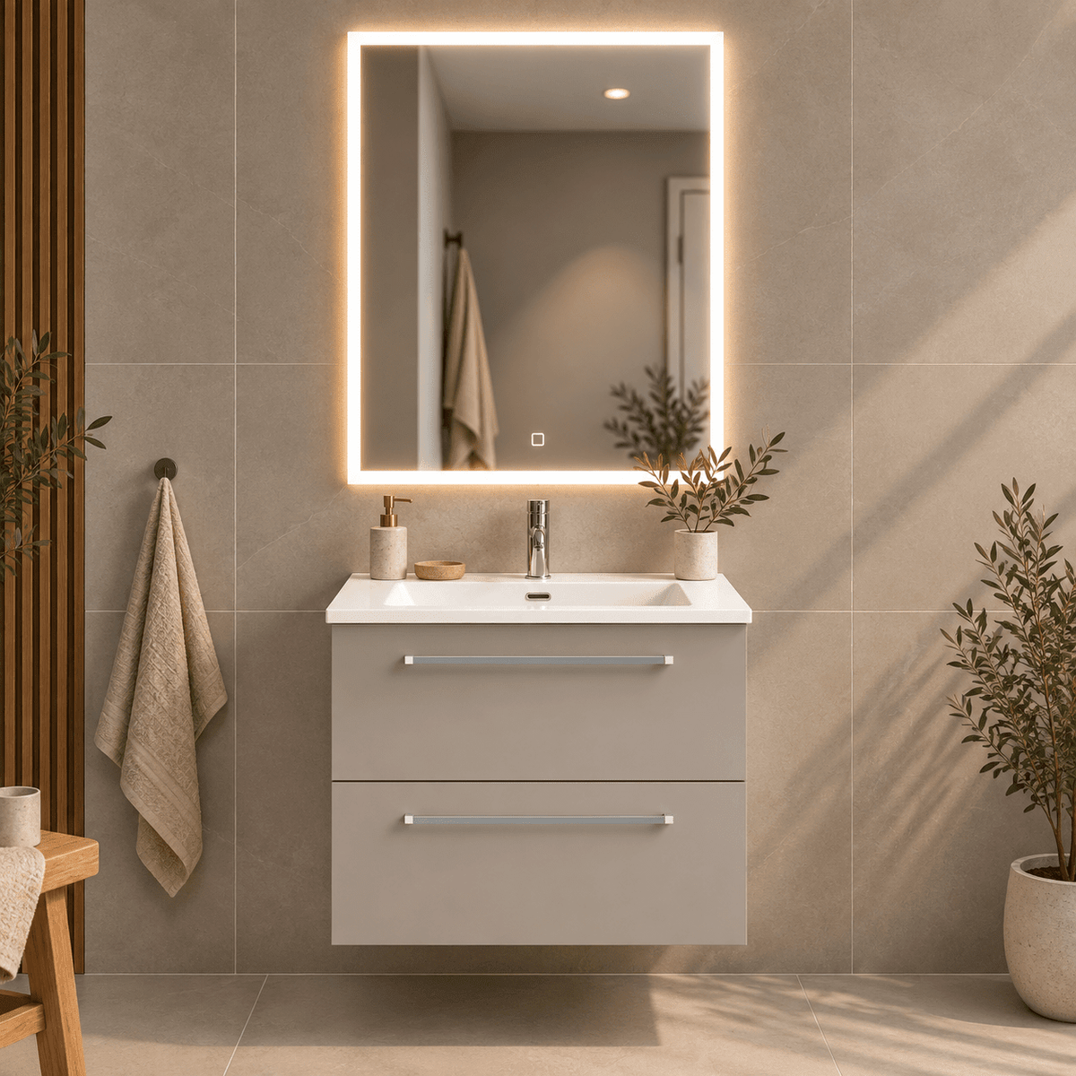 Badrumsmöbel med klassiska Fronter - 60x46x57 cm - Beige - tvättställ i solid surface - Viborg - Tvättställsskåp - Bath Deluxe - Viborg - 70-060-52-30-80 - BATHDELUXE SWEDEN