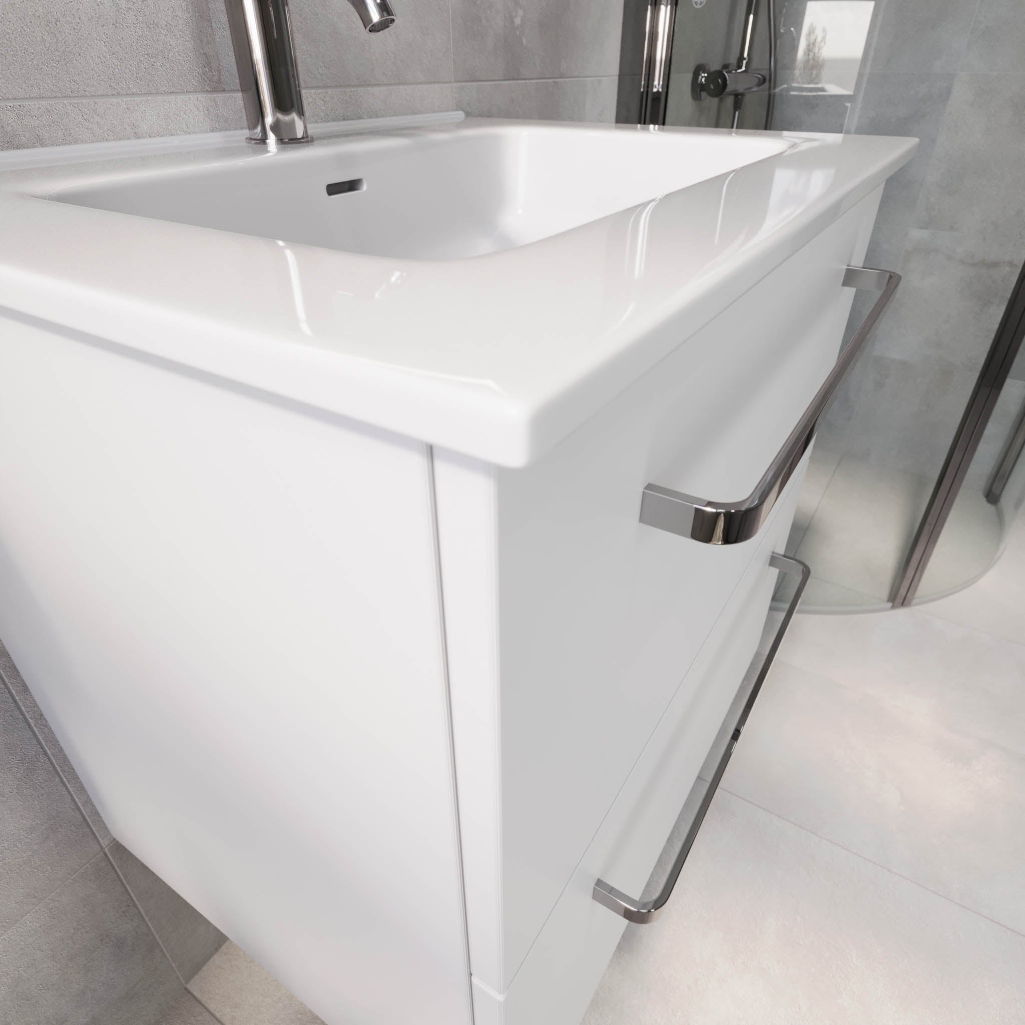 Badrumsmöbel med klassiska fronter - 60x46x57 cm - mattvit - vitt porslinstvättställ - kromade handtag - Voss - Badrumsmöbler - BATH DELUXE - PRESTIGE - 70-060-54-01-60 - BATHDELUXE SWEDEN