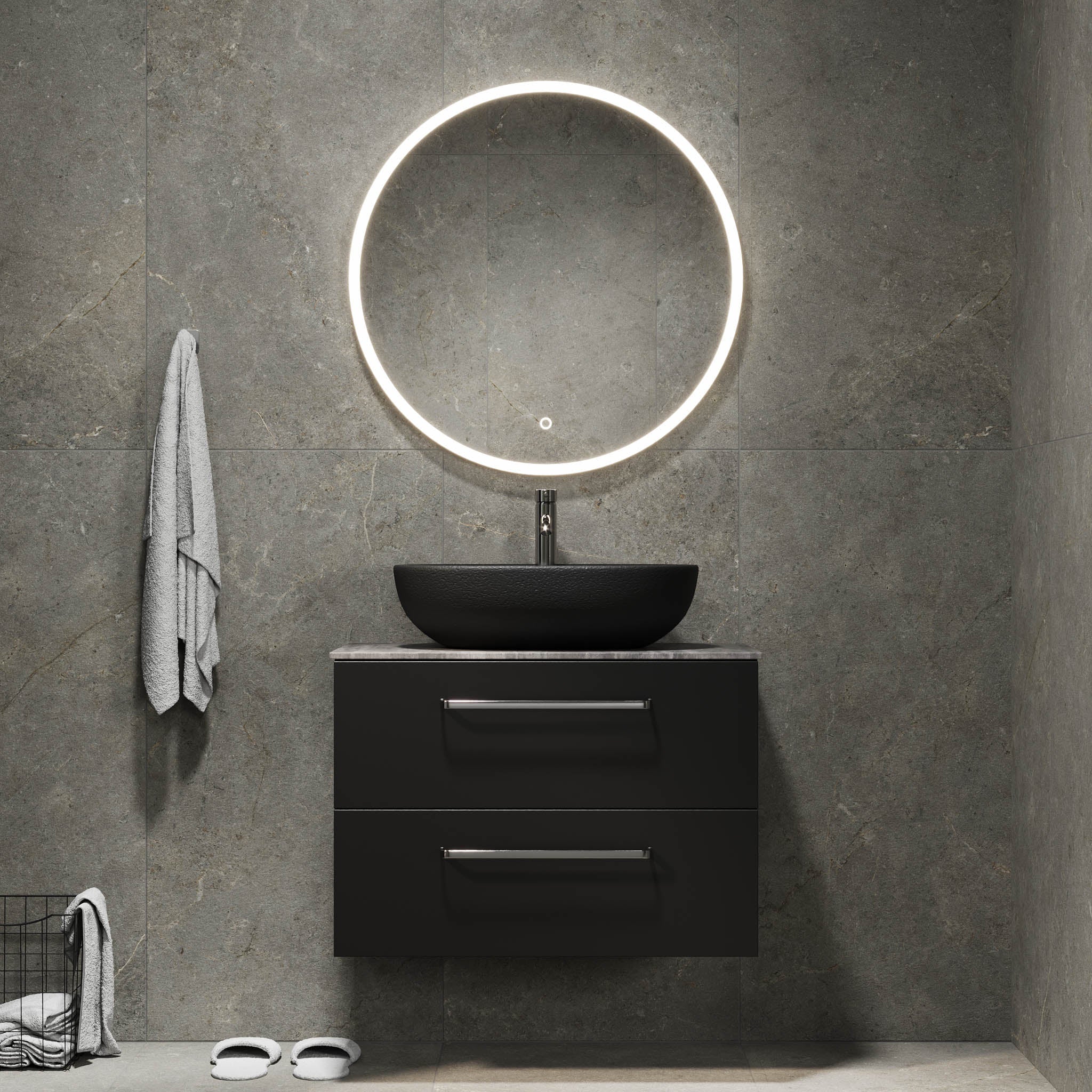 Badrumsmöbel med klassiska fronter – 80x46x56 cm – matt svart – melaminbänkskiva i betonglook – Vinderup - Tvättställsskåp - Bath Deluxe - 70-080-11-02-80 - BATHDELUXE SWEDEN