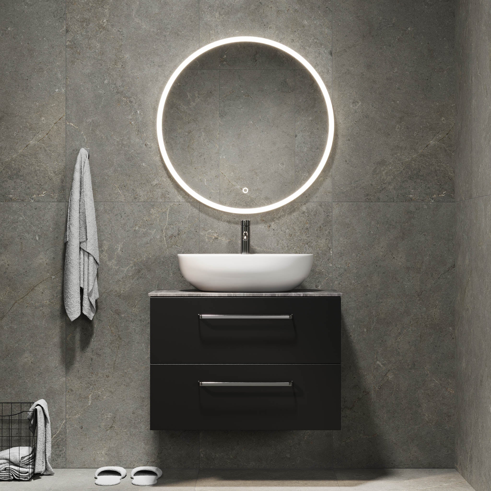 Badrumsmöbel med klassiska fronter – 80x46x56 cm – matt svart – melaminbänkskiva i betonglook – Vinderup - Tvättställsskåp - Bath Deluxe - 70-080-11-02-80 - BATHDELUXE SWEDEN