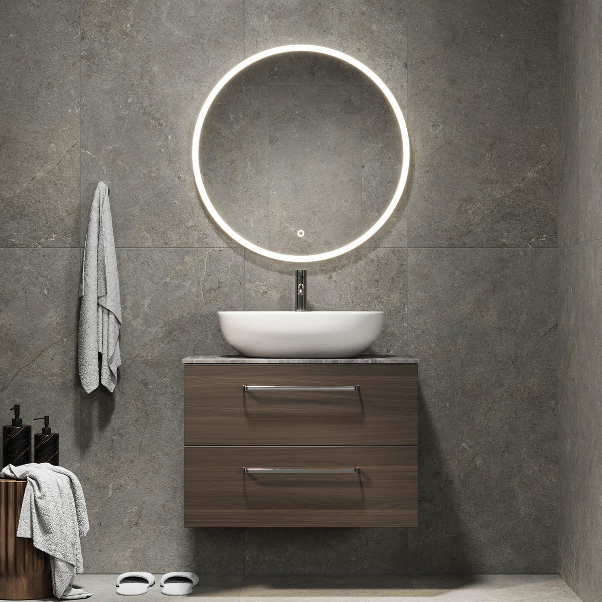 Badrumsmöbler med klassiska Fronter - 80x46x56 cm - valnöt - bänkskiva i melamin med betonglook - Vinderup - Tvättställsskåp - Bath Deluxe - Vinderup - 70-080-11-84-80 - BATHDELUXE SWEDEN