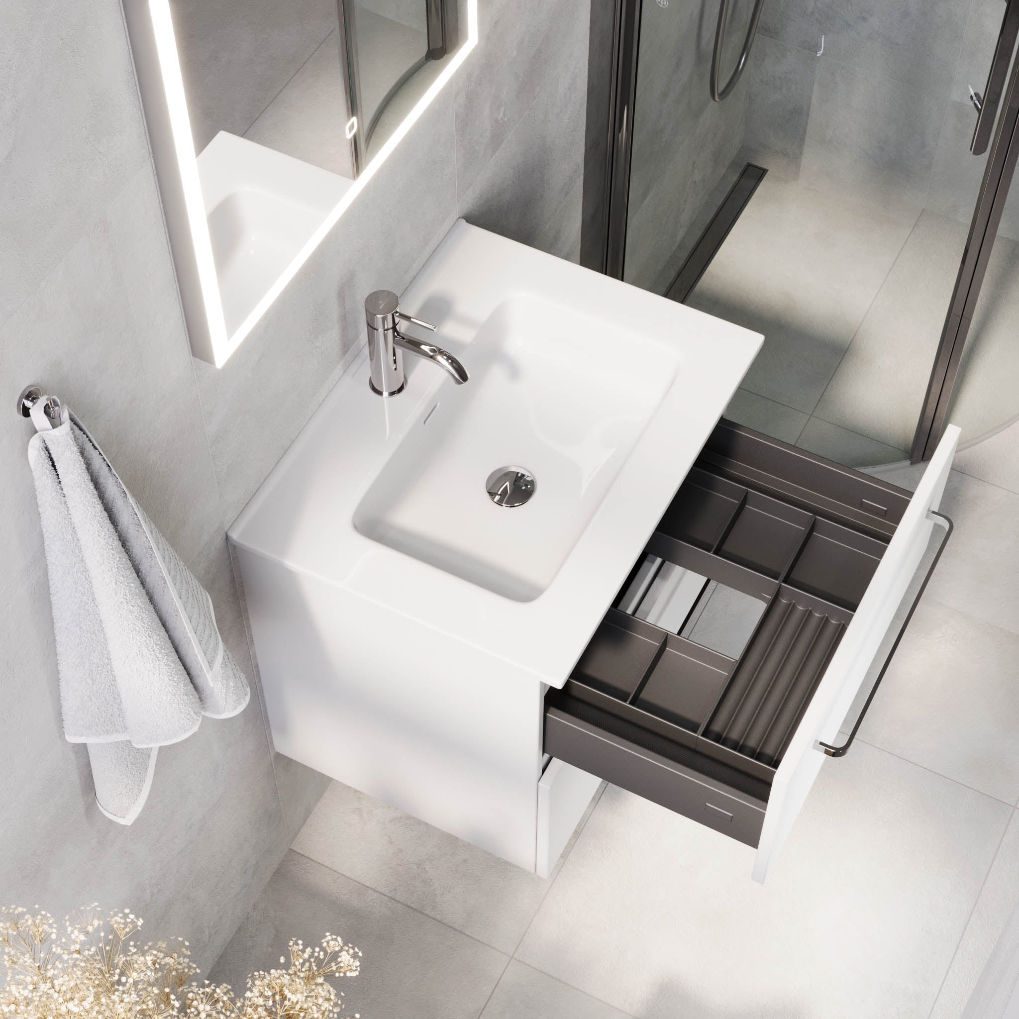 Badrumsmöbel med klassiska fronter - 80x46x57 cm - mattvit - vitt porslinstvättställ - kromade handtag - Voss - Badrumsmöbler - BATH DELUXE - PRESTIGE - 70-080-54-01-60 - BATHDELUXE SWEDEN