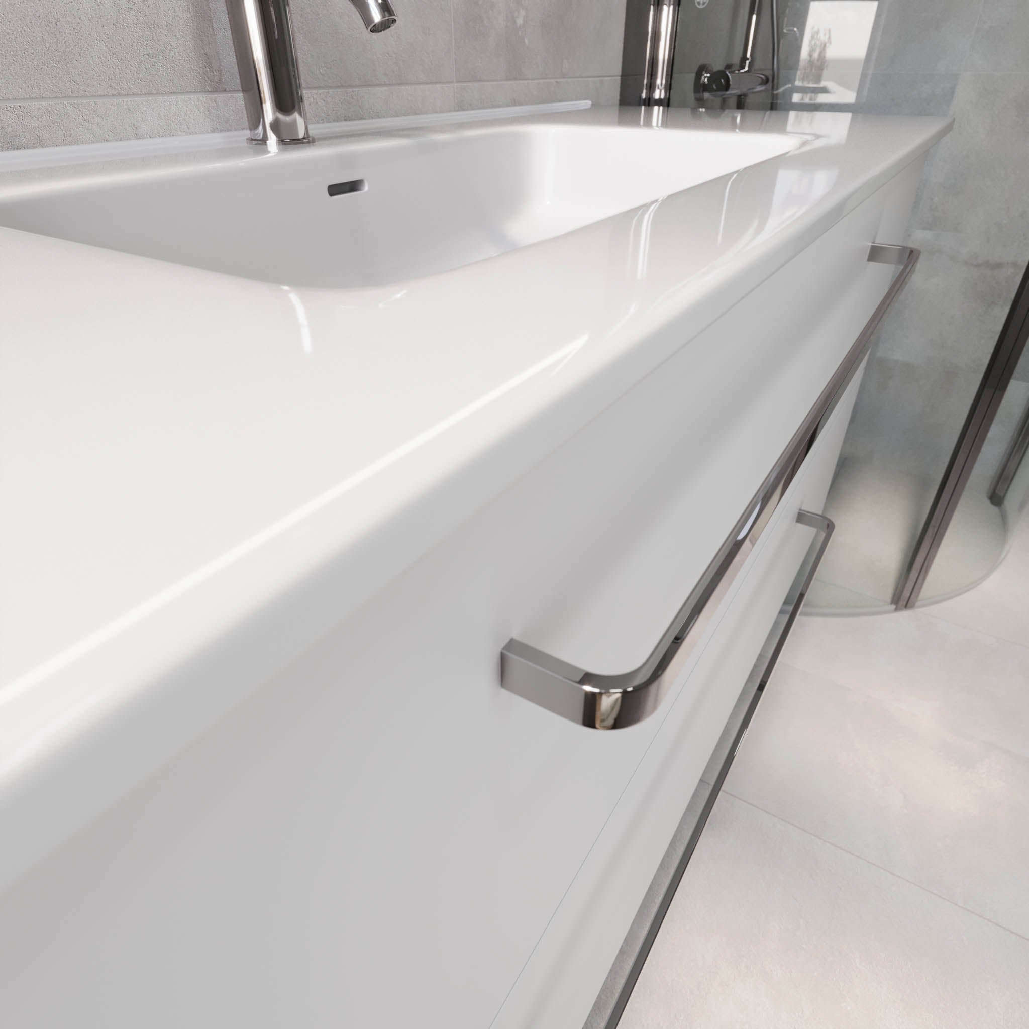 Badrumsmöbel med klassiska fronter - 80x46x57 cm - mattvit - vitt porslinstvättställ - kromade handtag - Voss - Badrumsmöbler - BATH DELUXE - PRESTIGE - 70-080-54-01-60 - BATHDELUXE SWEDEN