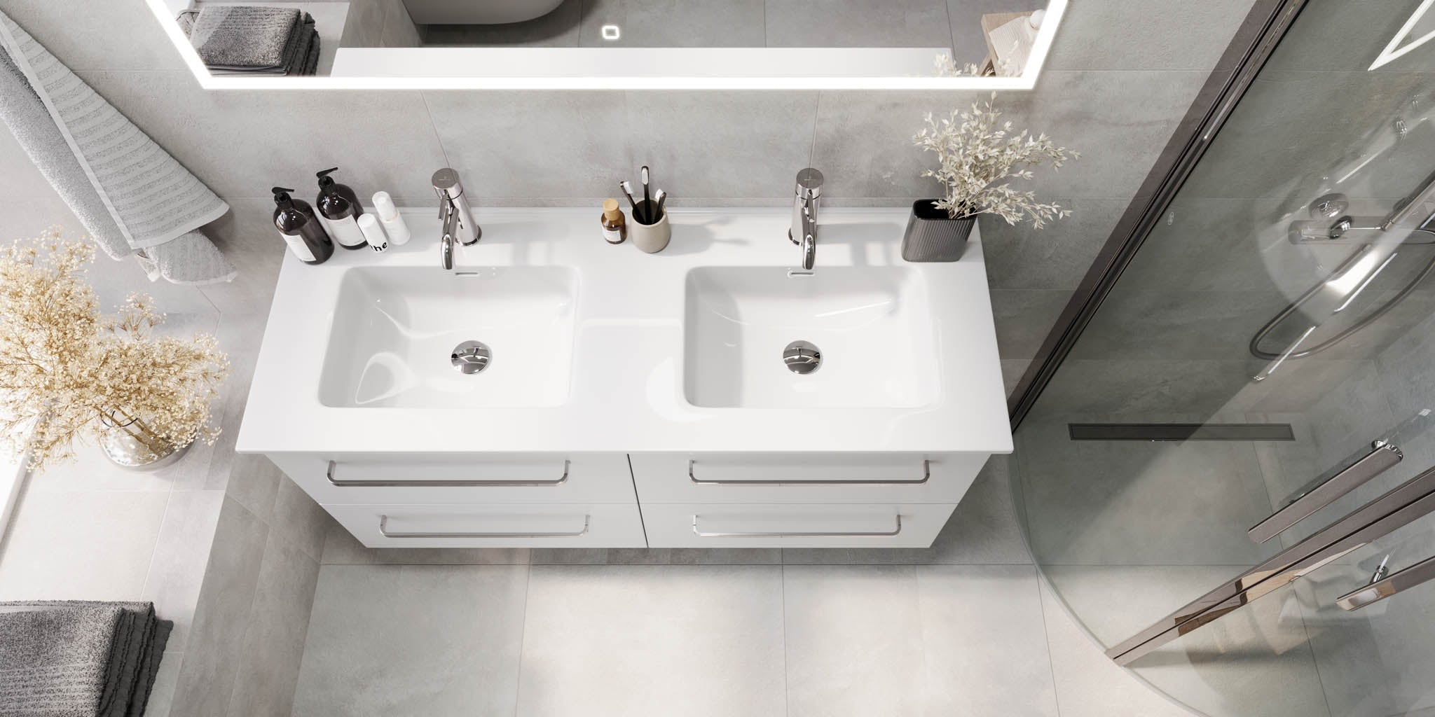 Badrumsmöbel med klassiska fronter - 80x46x57 cm - mattvit - vitt porslinstvättställ - kromade handtag - Voss - Badrumsmöbler - BATH DELUXE - PRESTIGE - 70-080-54-01-60 - BATHDELUXE SWEDEN
