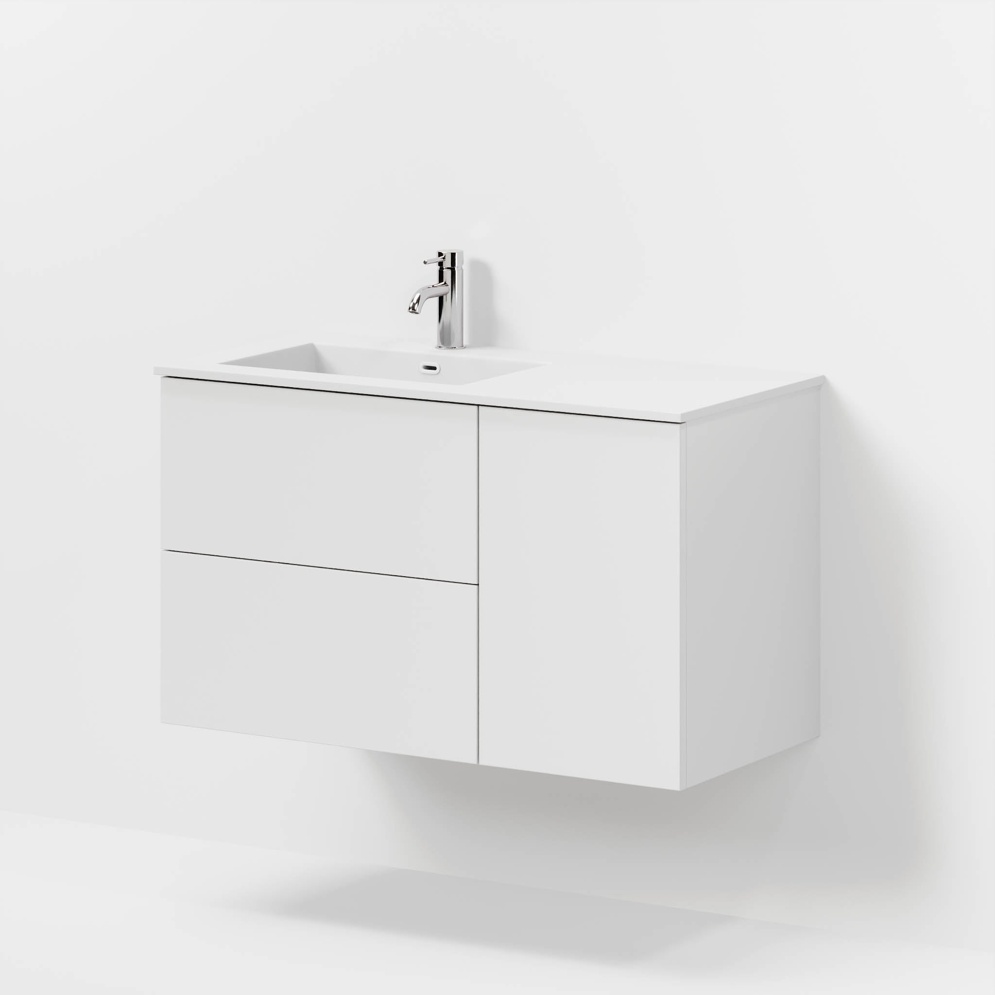 Badrumsmöbel med klassiska fronter - 95x46x57 cm - mattvit - vänstervänd tvättställ i solid surface - Viborg - Tvättställsskåp - Bath Deluxe - 70-095-52-01-80 - BATHDELUXE SWEDEN