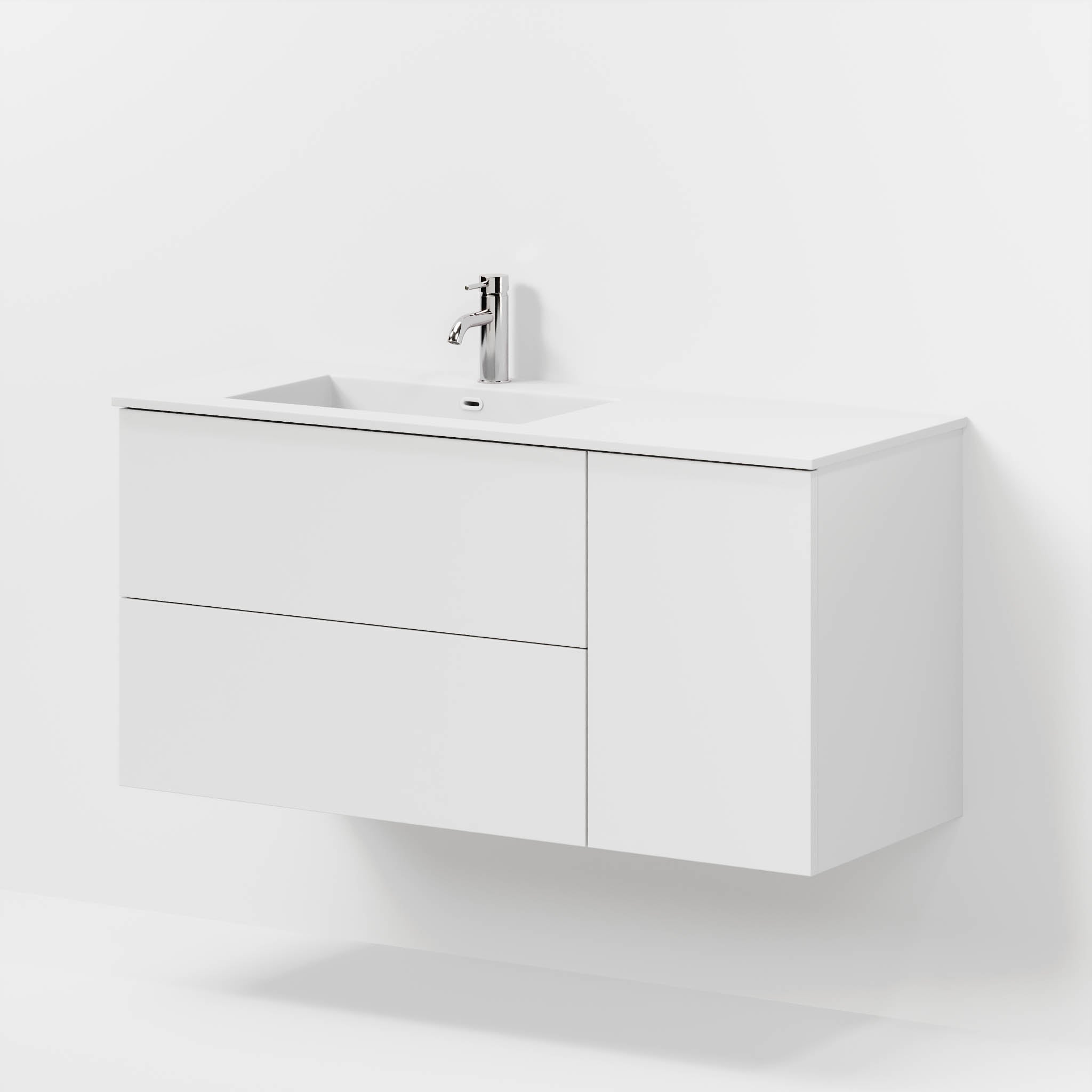 Badrumsmöbel med klassiska fronter - 115x46x57 cm - mattvit - vänstervänd tvättställ i solid surface - Viborg - Tvättställsskåp - Bath Deluxe - 70-115-52-01-80 - BATHDELUXE SWEDEN