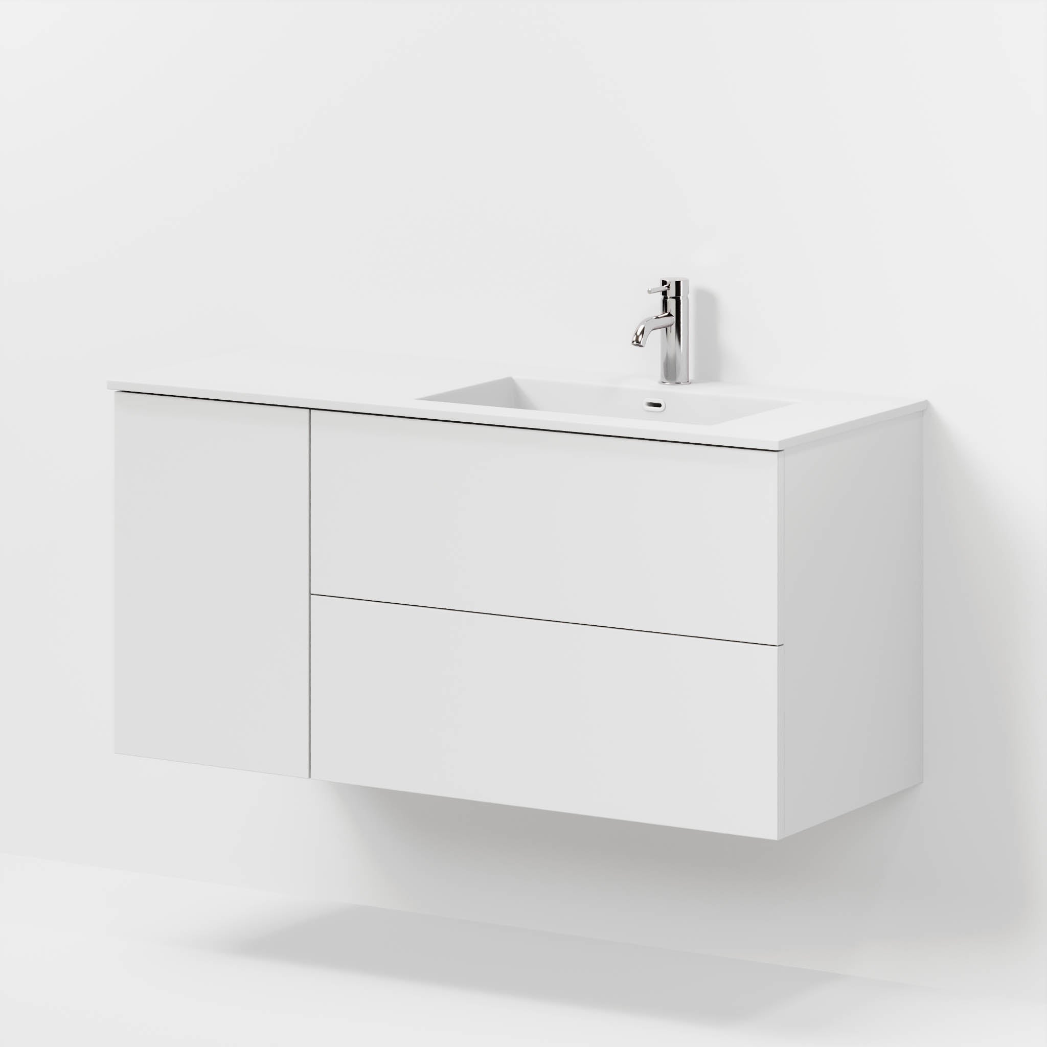 Badrumsmöbel med klassiska fronter - 115x46x57 cm - mattvit - högervänd tvättställ i solid surface - Viborg - Tvättställsskåp - Bath Deluxe - 70-115-52-01-81 - BATHDELUXE SWEDEN