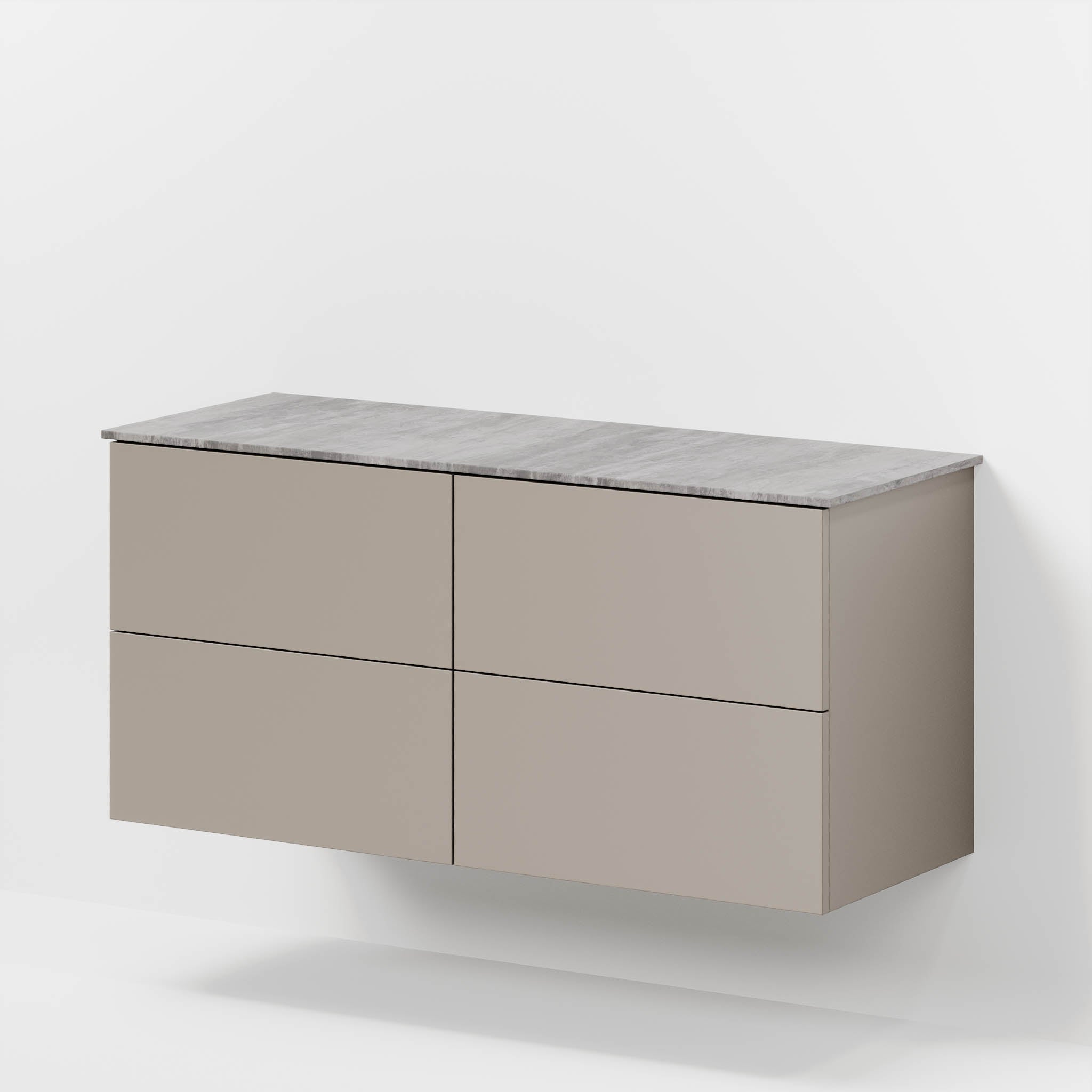 Badrumsmöbel med klassiska fronter – 120x46x56 cm – dämpad sand – melaminbänkskiva i betonglook för två handfat – Vinderup - Tvättställsskåp - Bath Deluxe - 70-120-11-30-81 - BATHDELUXE SWEDEN
