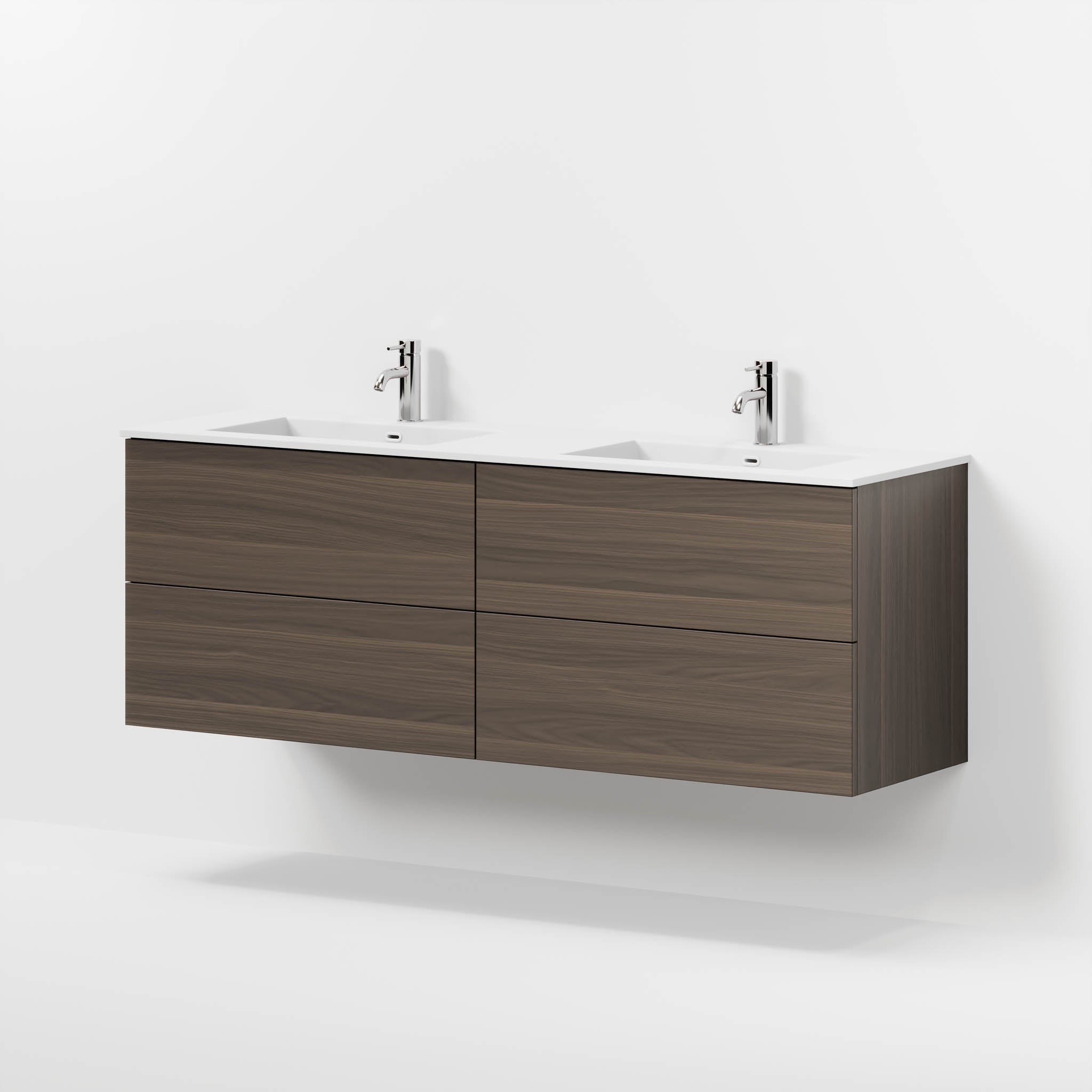 Badrumsmöbel med klassiska fronter - 160x46x57 cm - valnöt - dubbelt tvättställ i solid surface - Viborg - Tvättställsskåp - Bath Deluxe - 70-160-52-84-80 - BATHDELUXE SWEDEN
