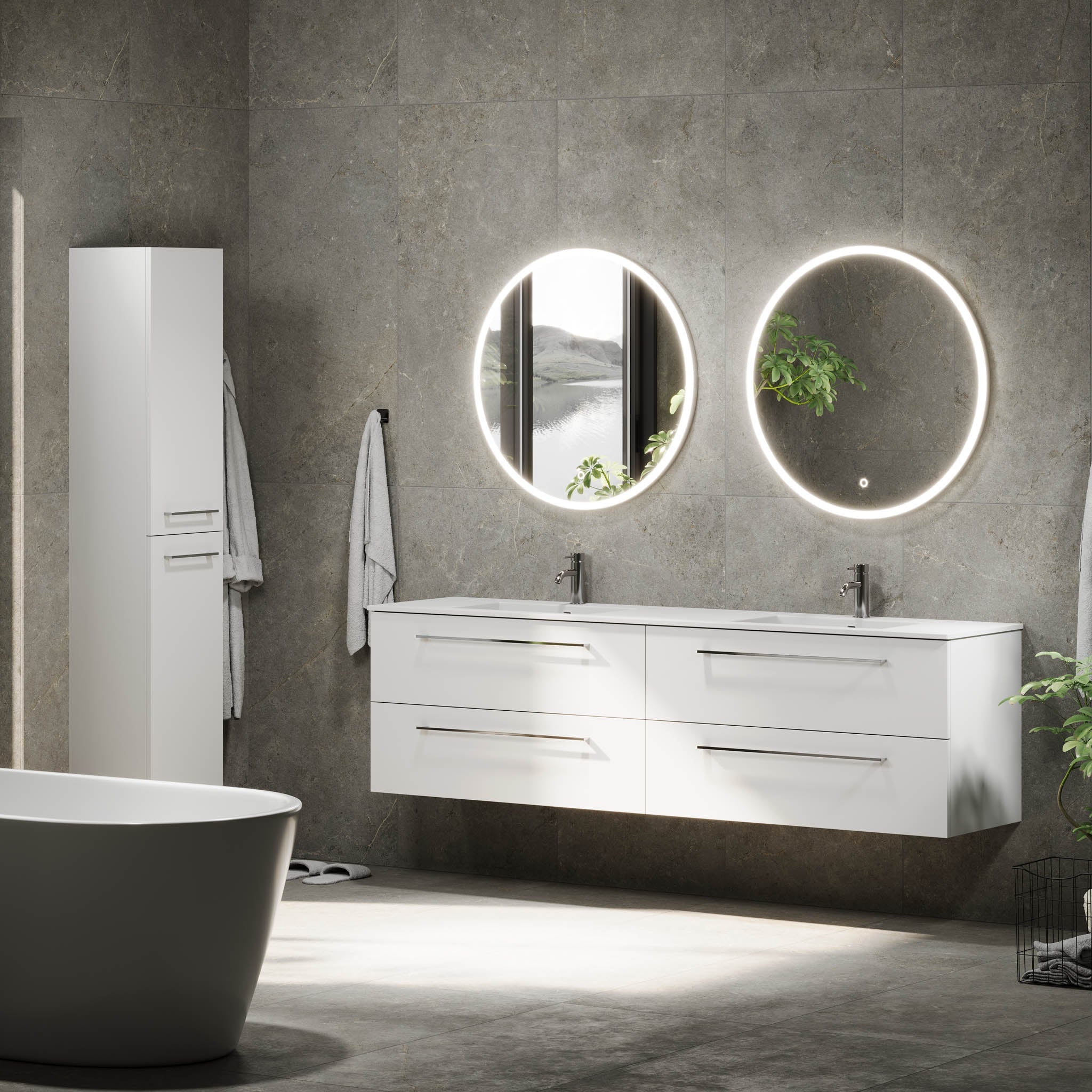 Badrumsmöbel med klassiska fronter - 200x46x57 cm - mattvit - dubbelt tvättställ i solid surface - Viborg - Tvättställsskåp - Bath Deluxe - 70-200-52-01-80 - BATHDELUXE SWEDEN