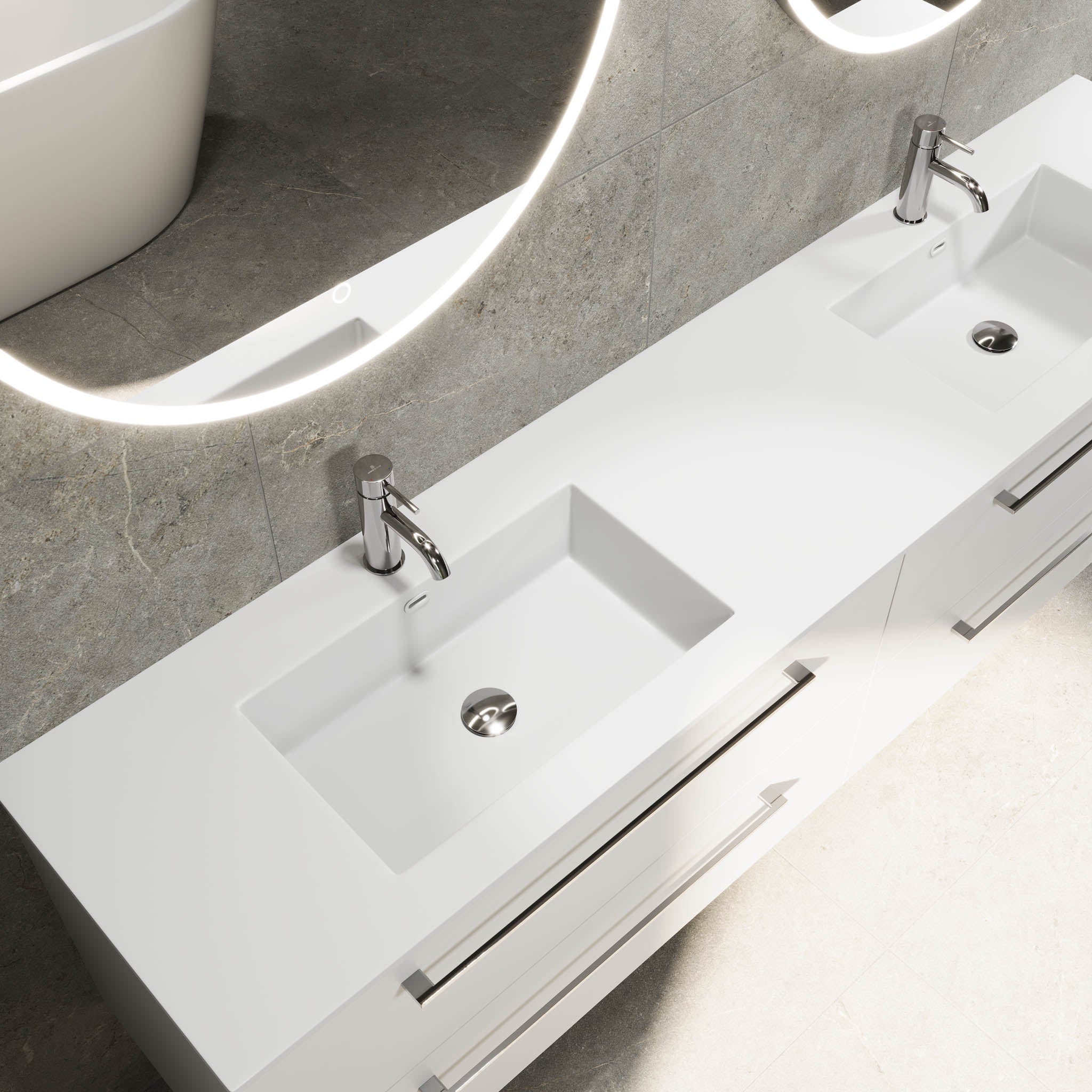 Badrumsmöbel med klassiska fronter - 200x46x57 cm - mattvit - dubbelt tvättställ i solid surface - Viborg - Tvättställsskåp - Bath Deluxe - 70-200-52-01-80 - BATHDELUXE SWEDEN