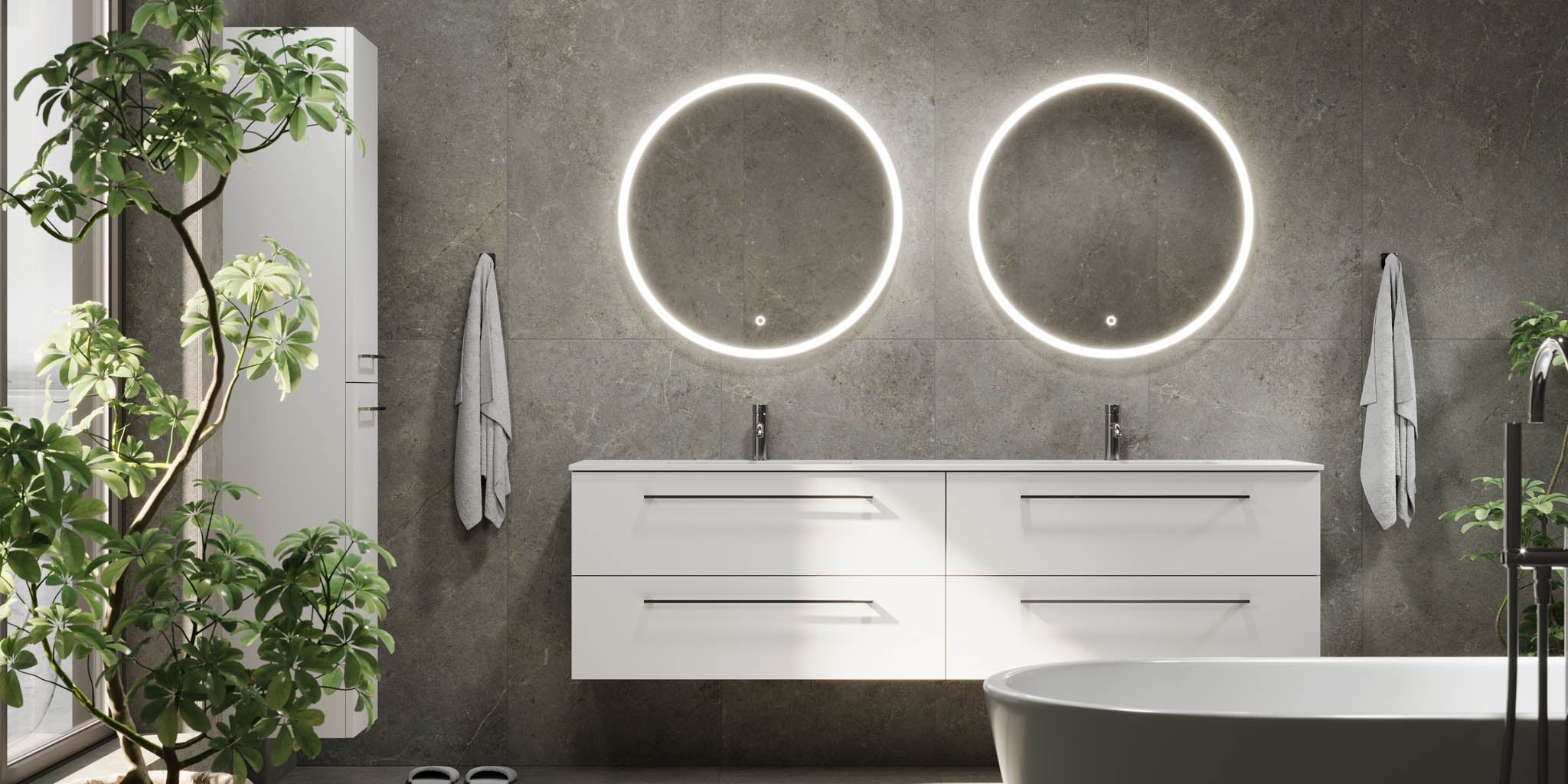 Badrumsmöbel med klassiska fronter - 200x46x57 cm - mattvit - dubbelt tvättställ i solid surface - Viborg - Tvättställsskåp - Bath Deluxe - 70-200-52-01-80 - BATHDELUXE SWEDEN