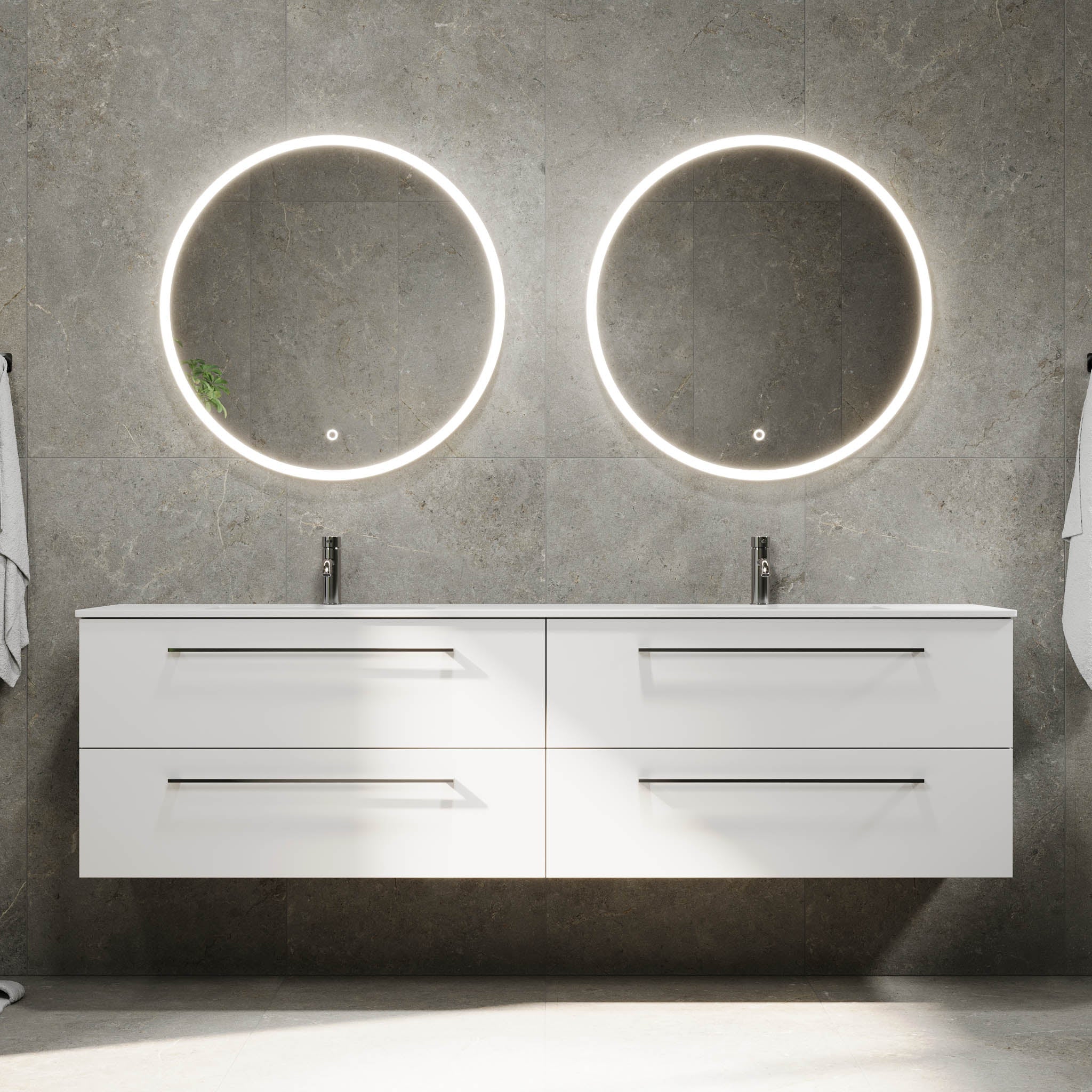 Badrumsmöbel med klassiska fronter - 200x46x57 cm - mattvit - dubbelt tvättställ i solid surface - Viborg - Tvättställsskåp - Bath Deluxe - 70-200-52-01-80 - BATHDELUXE SWEDEN