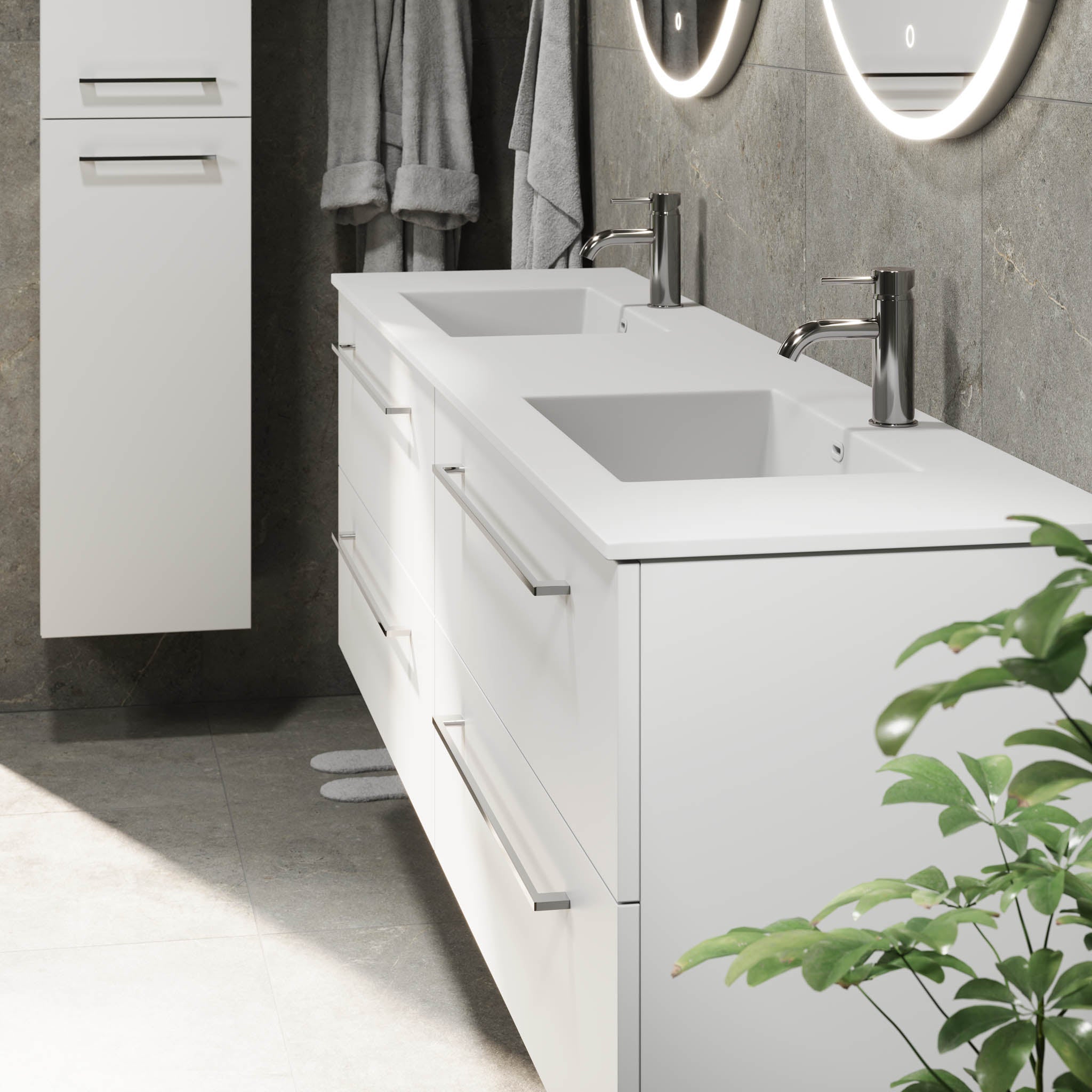 Badrumsmöbel med klassiska fronter - 200x46x57 cm - mattvit - dubbelt tvättställ i solid surface - Viborg - Tvättställsskåp - Bath Deluxe - 70-200-52-01-80 - BATHDELUXE SWEDEN