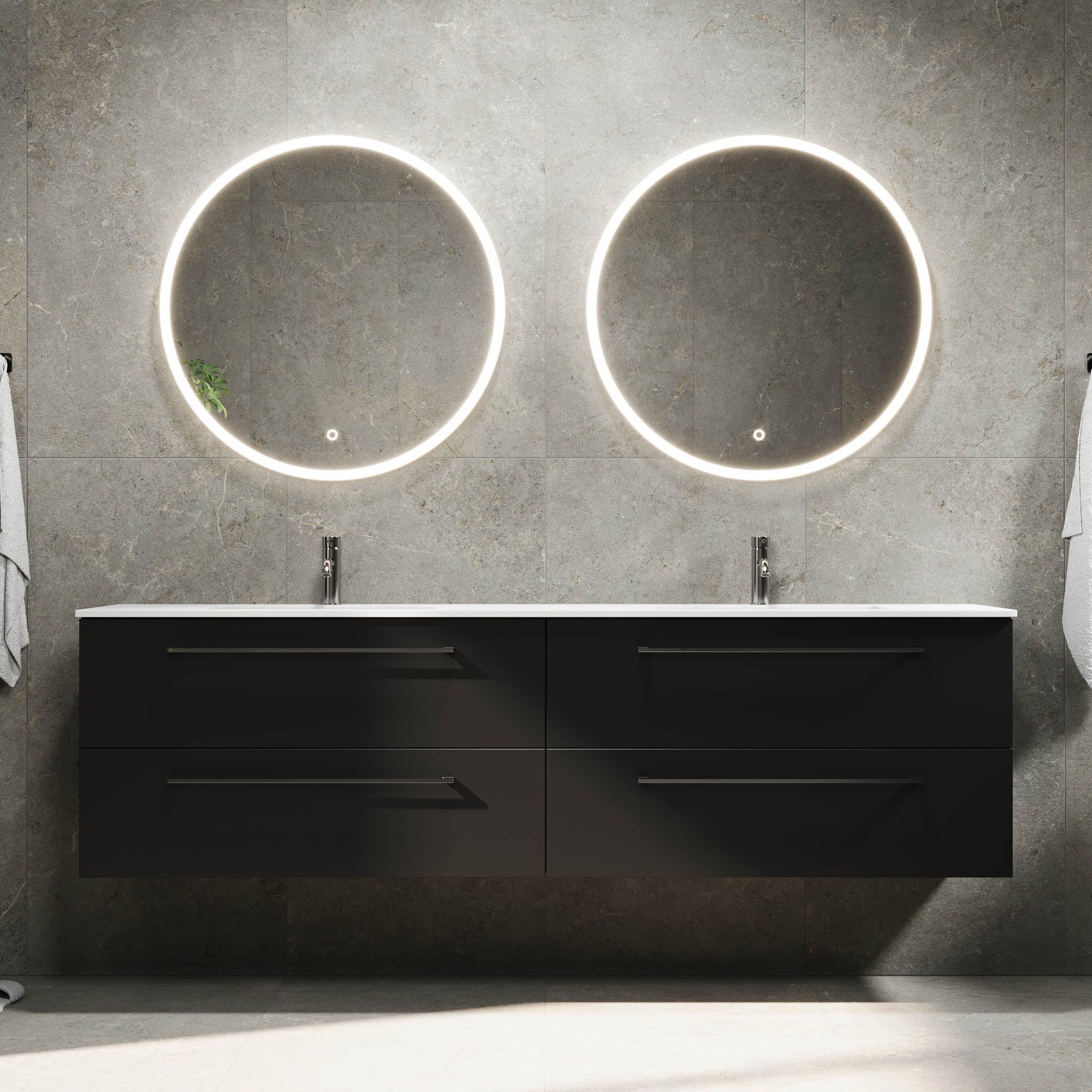 Badrumsmöbel med klassiska fronter - 200x46x57 cm - mattsvart - dubbelt tvättställ i solid surface - Viborg - Tvättställsskåp - Bath Deluxe - 70-200-52-02-80 - BATHDELUXE SWEDEN