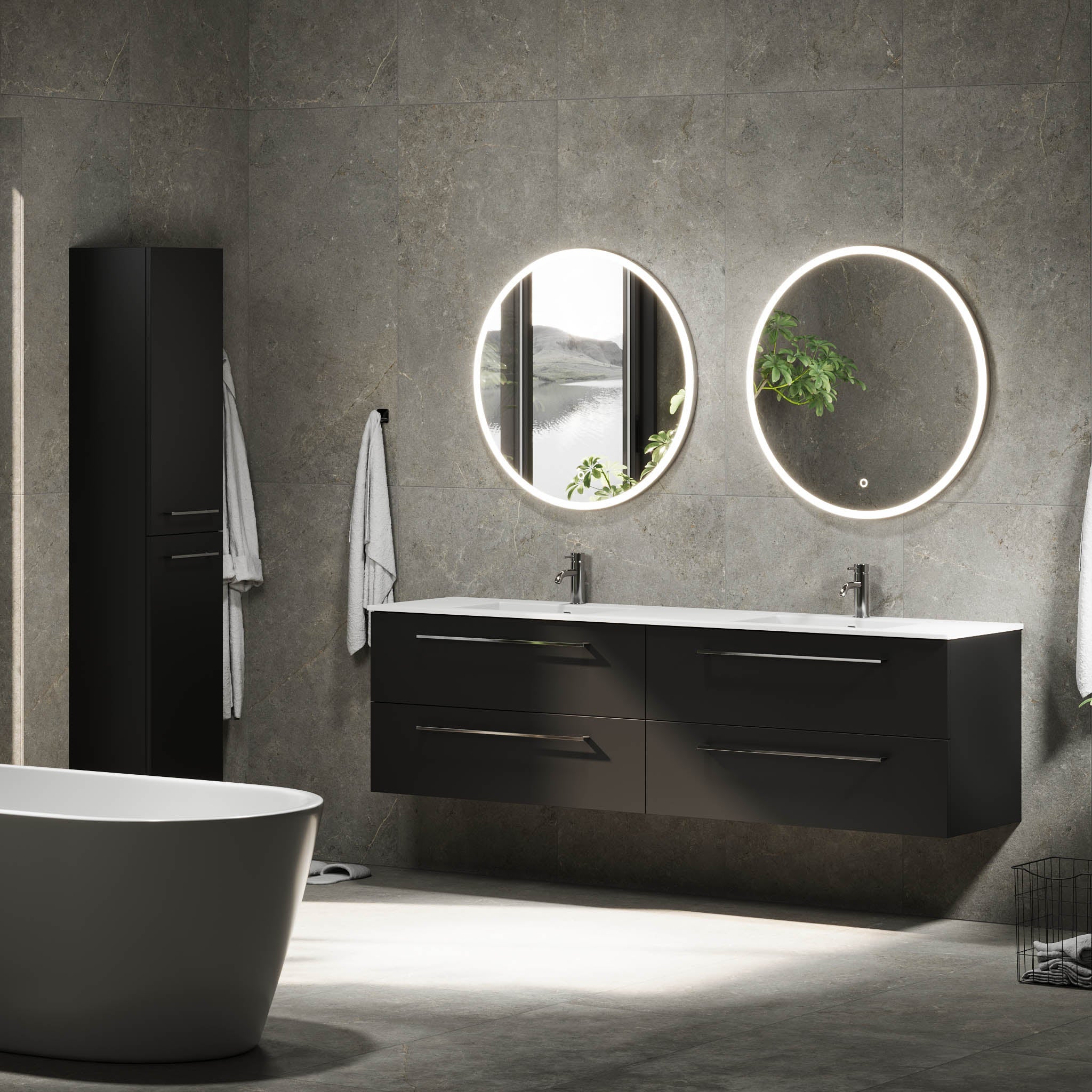 Badrumsmöbel med klassiska fronter - 200x46x57 cm - mattsvart - dubbelt tvättställ i solid surface - Viborg - Tvättställsskåp - Bath Deluxe - 70-200-52-02-80 - BATHDELUXE SWEDEN