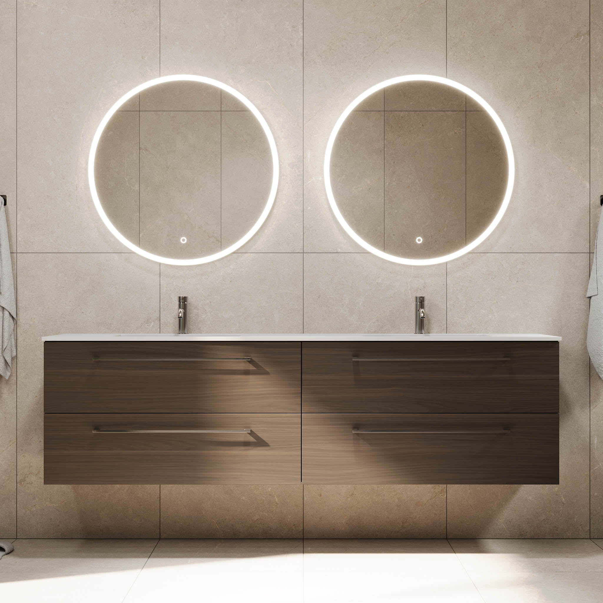 Badrumsmöbel med klassiska fronter - 200x46x57 cm - valnöt - dubbelt tvättställ i solid surface - Viborg - Tvättställsskåp - Bath Deluxe - 70-200-52-84-80 - BATHDELUXE SWEDEN
