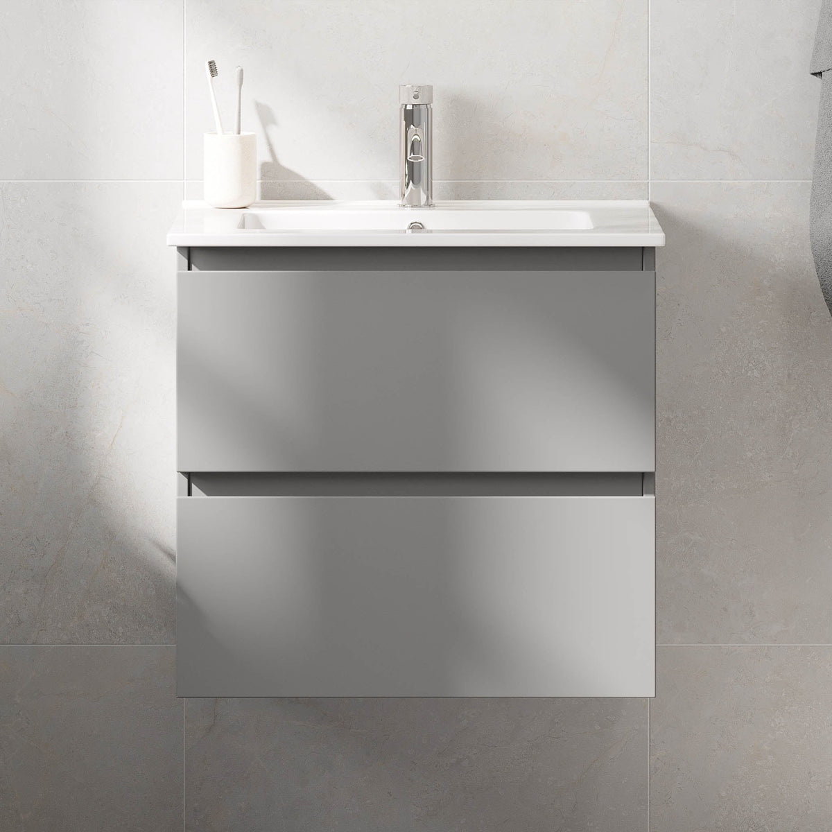 Badrumskommod med klassisk integrerad front - 60x46x57 cm - Matt grå - Porslin tvättställ - Saltnes - Tvättställsskåp - Bath Deluxe - 73-060-50-03-40 - BATHDELUXE SWEDEN