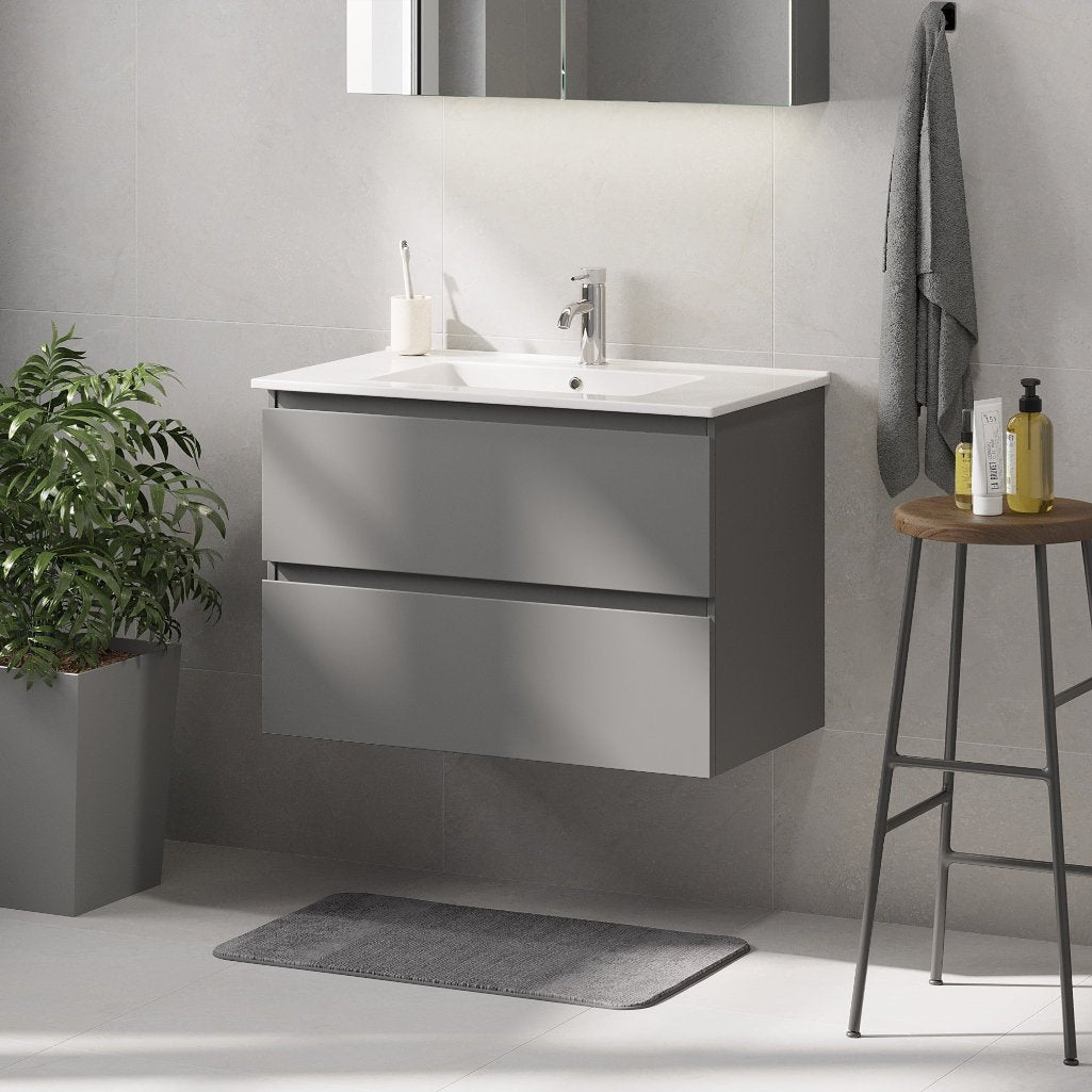 Badrumsmöbel med klassisk integrerad front - 120x46x57 cm - Matt grå - Porslin tvättställ - Saltnes - Tvättställsskåp - Bath Deluxe - 73-120-50-03-42 - BATHDELUXE SWEDEN