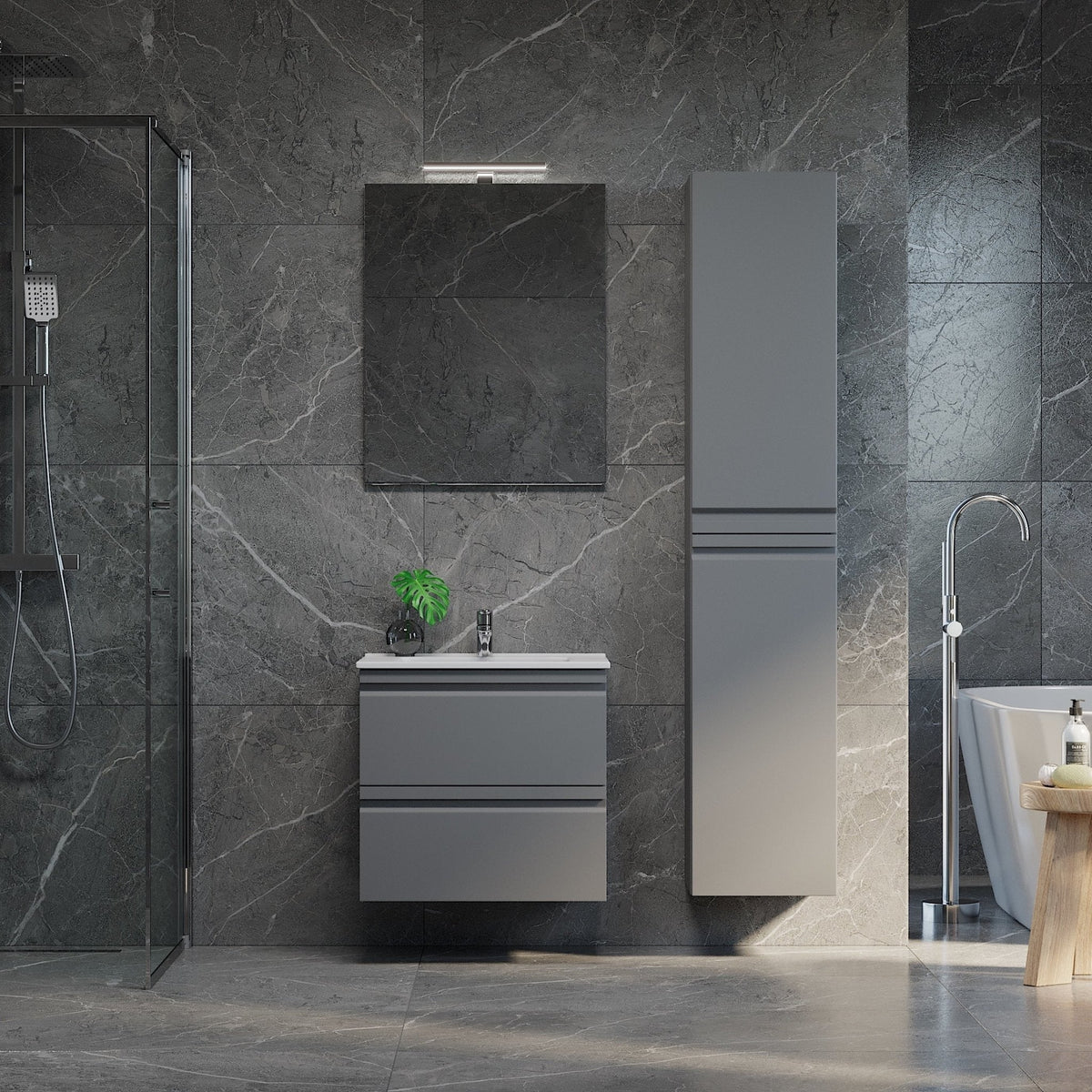 Badrumskommod med modern integrerad front - 60x46x57 cm - Matt grå - Porslin tvättställ - Klokkarvik - Tvättställsskåp - Bath Deluxe - 74-060-01-03-00 - BATHDELUXE SWEDEN