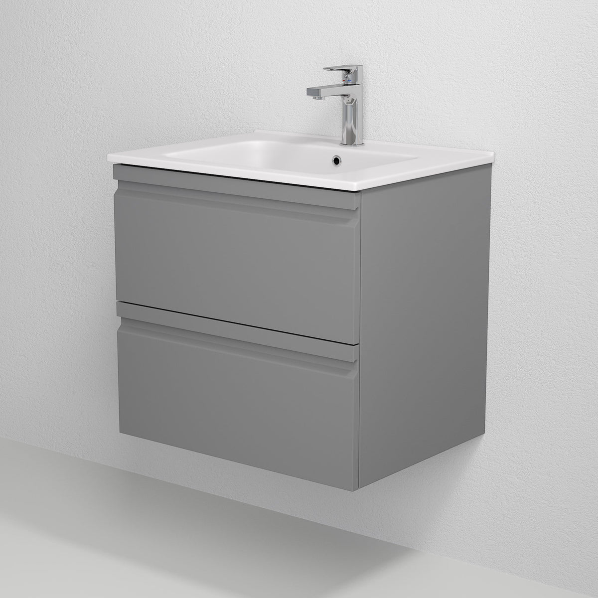 Badrumskommod med modern integrerad front - 60x46x57 cm - Matt grå - Porslin tvättställ - Klokkarvik - Tvättställsskåp - Bath Deluxe - 74-060-01-03-00 - BATHDELUXE SWEDEN