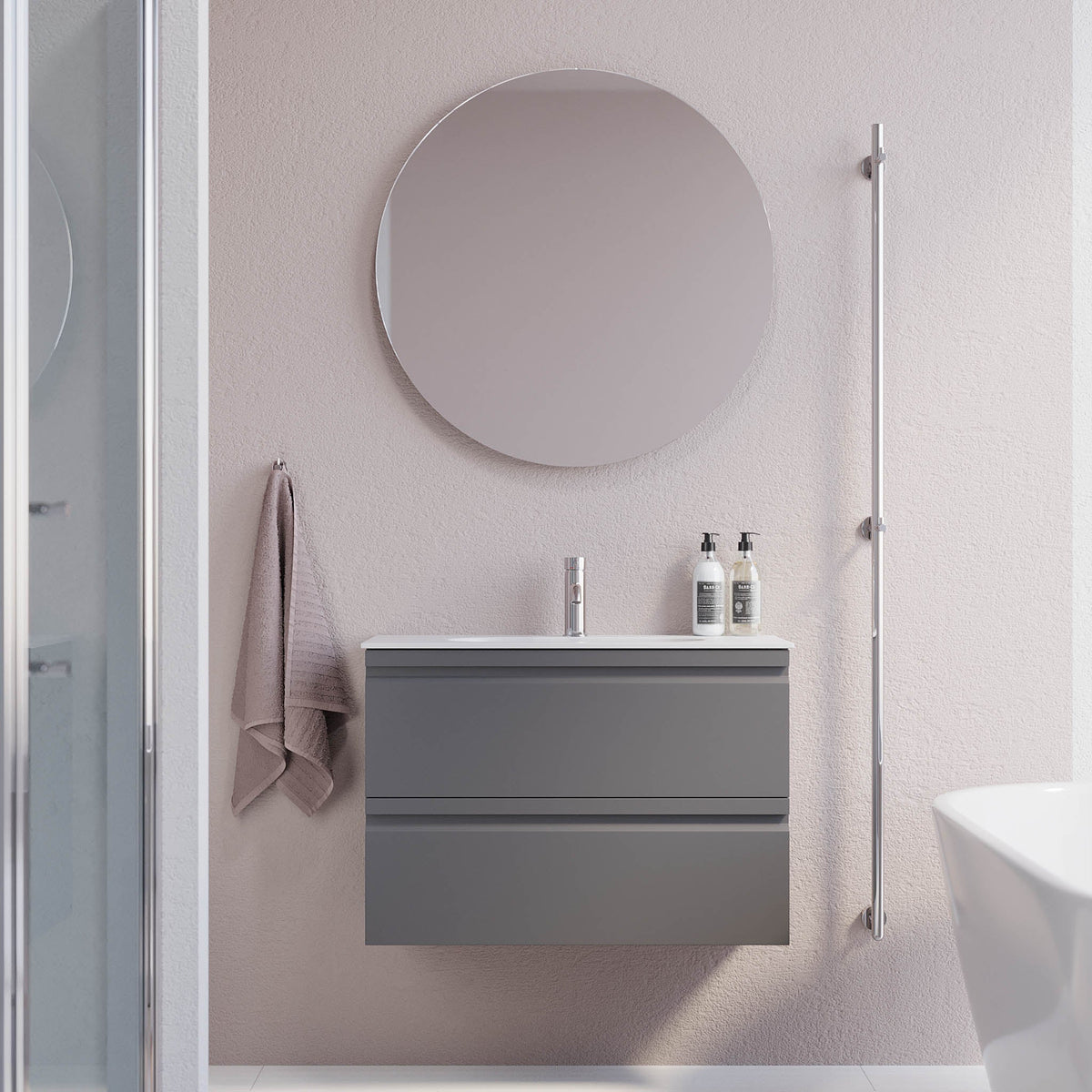 Badrumskommod med modern integrerad front - SLIM - 60x36x57 cm - Matt grå - Svart Solid Surface tvättställ - Kongsberg - Tvättställsskåp - Bath Deluxe - 74-060-72-03-30 - BATHDELUXE SWEDEN