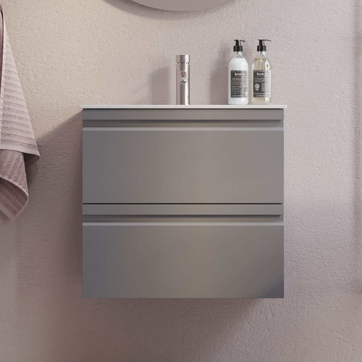 Badrumskommod med modern integrerad front - SLIM - 60x36x57 cm - Matt grå - Svart Solid Surface tvättställ - Kongsberg - Tvättställsskåp - Bath Deluxe - 74-060-72-03-30 - BATHDELUXE SWEDEN