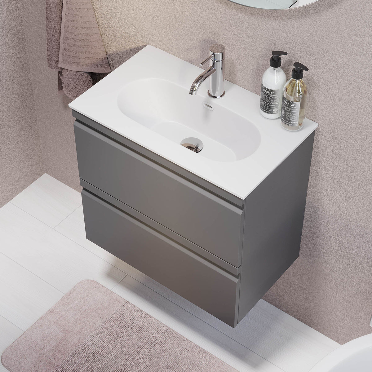 Badrumskommod med modern integrerad front - SLIM - 60x36x57 cm - Matt grå - Svart Solid Surface tvättställ - Kongsberg - Tvättställsskåp - Bath Deluxe - 74-060-72-03-30 - BATHDELUXE SWEDEN