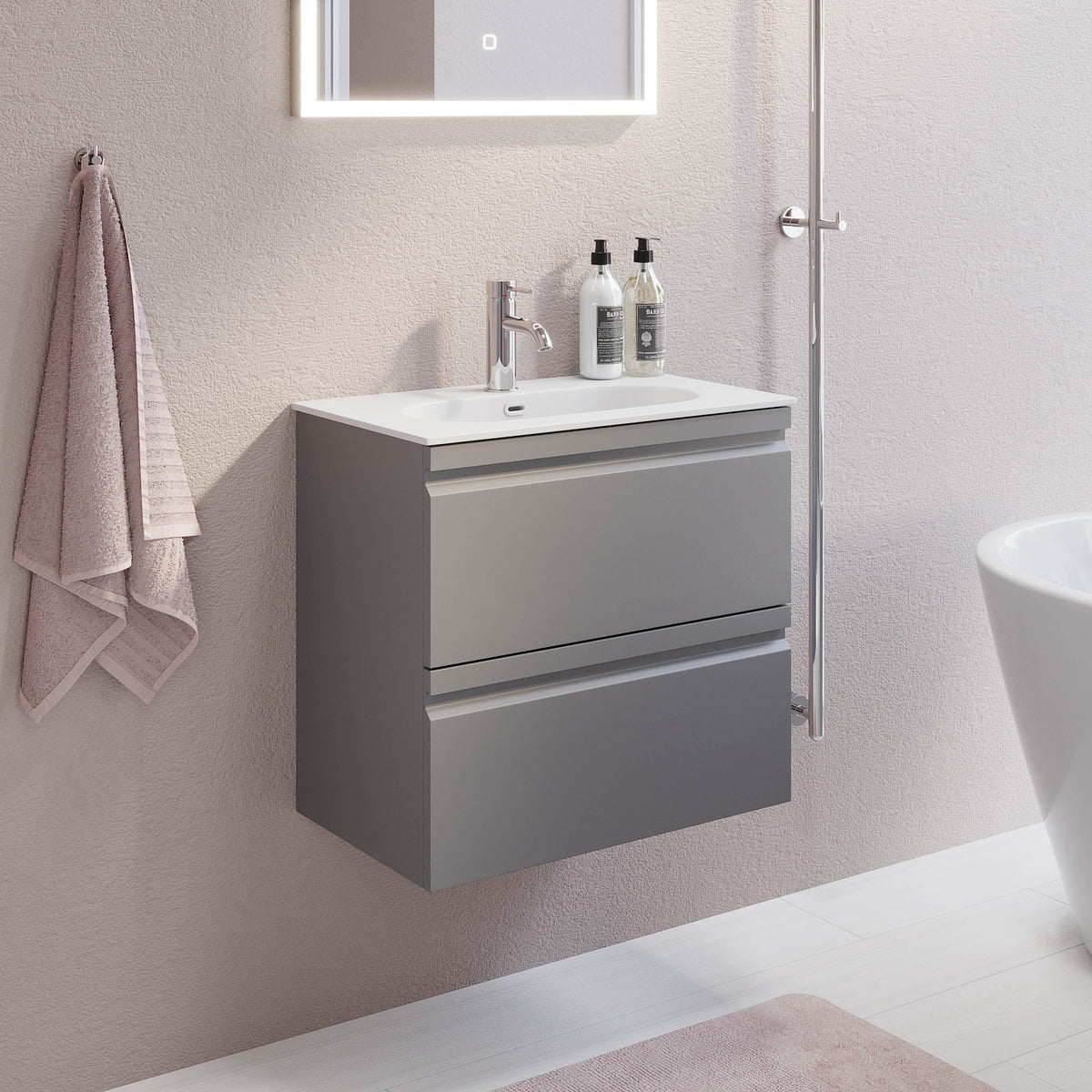 Badrumskommod med modern integrerad front - SLIM - 60x36x57 cm - Matt grå - Svart Solid Surface tvättställ - Kongsberg - Tvättställsskåp - Bath Deluxe - 74-060-72-03-30 - BATHDELUXE SWEDEN