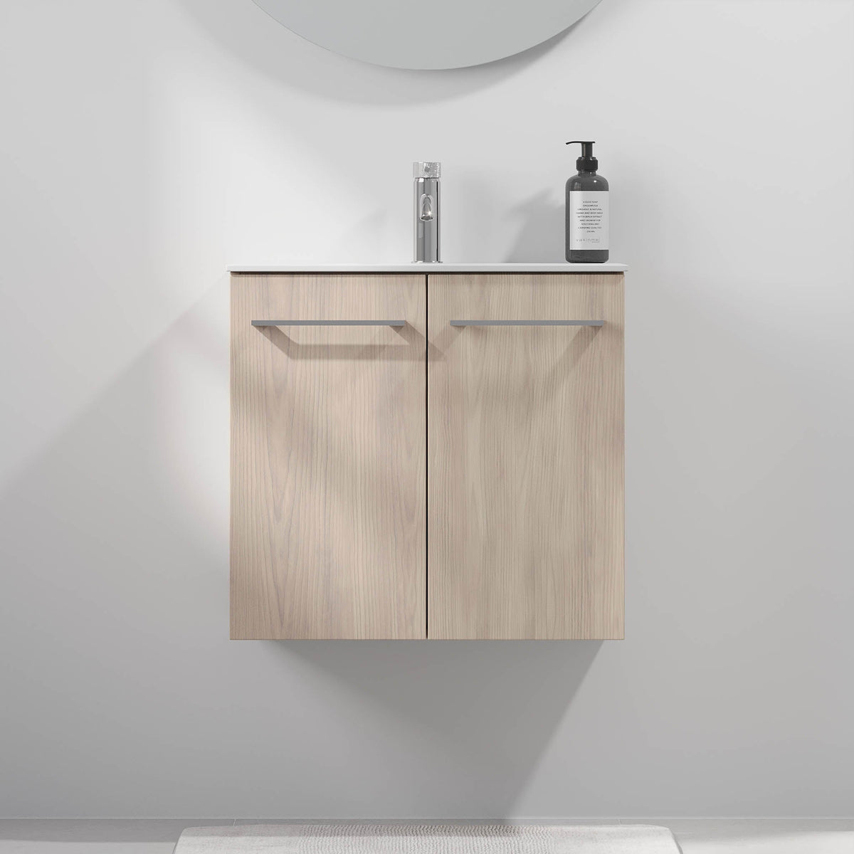 Tvättställsskåp för badrum med 2 Classic Skåpsdörr - SLIM - 60x36x57 cm - Ljust trä - Vitt Solid Surface tvättställ - Harstad - Tvättställsskåp - Bath Deluxe - 75-060-72-33-40 - BATHDELUXE SWEDEN