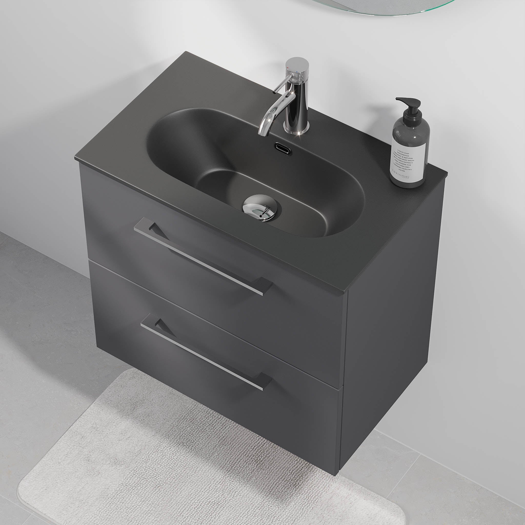 Badrumsmöbel med klassiska dörrar - SLIM - 60x36x57 cm - antracitgrå - tvättställ i kompositmaterial - kromade handtag - Horten - Badrumsmöbler - BATH DELUXE - EXCLUSIVE - 75-060-73-43-40 - BATHDELUXE SWEDEN