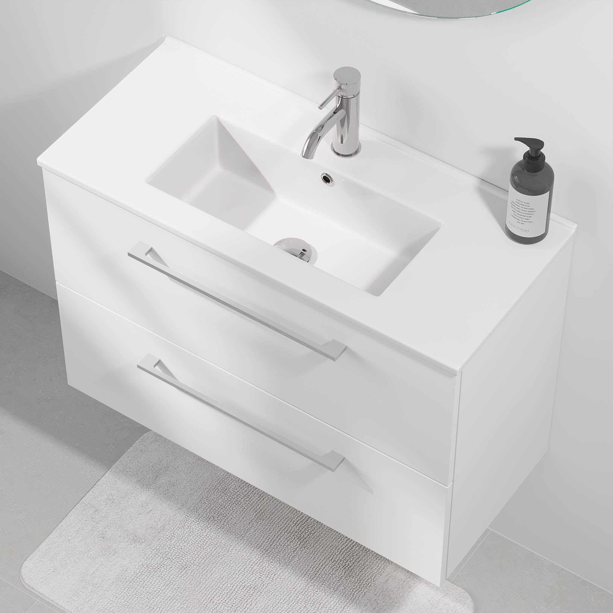 Badrumsmöbel med klassiska fronter - SLIM - 80x36x57 cm - mattvit - porslinstvättställ - kromade handtag - Magnor - Badrumsmöbler - BATH DELUXE - EXCLUSIVE - 75-080-70-01-40 - BATHDELUXE SWEDEN