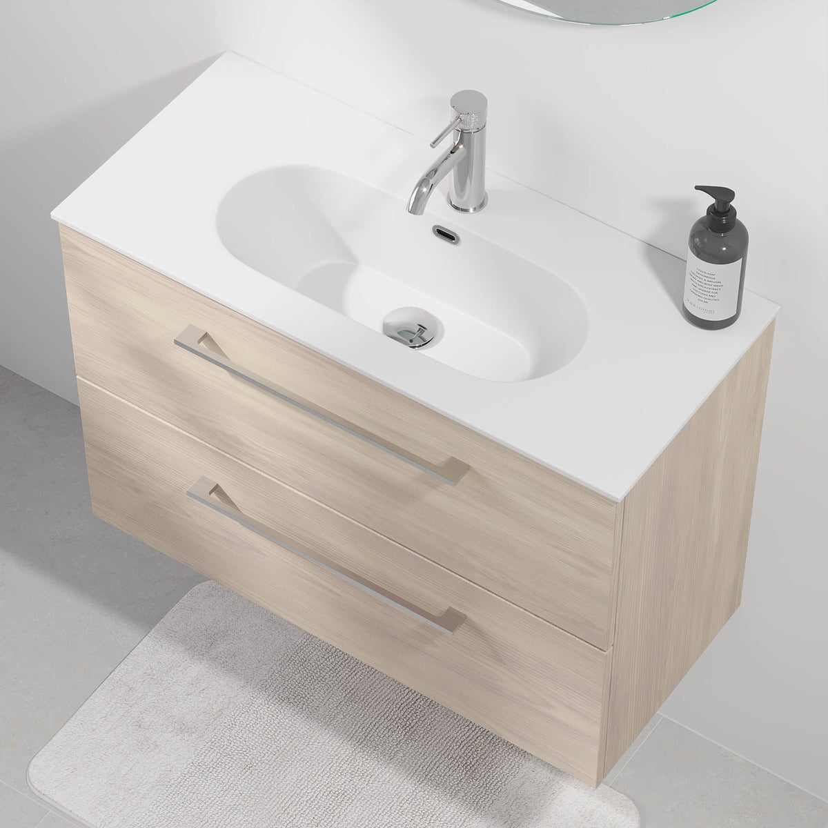 Badrumsmöbel med klassiska Fronter - 80x36x57 cm - SLIM - ljust trä - tvättställ i matt vit solid surface - Harstad - Tvättställsskåp - Bath Deluxe - 75-080-72-33-40 - BATHDELUXE SWEDEN
