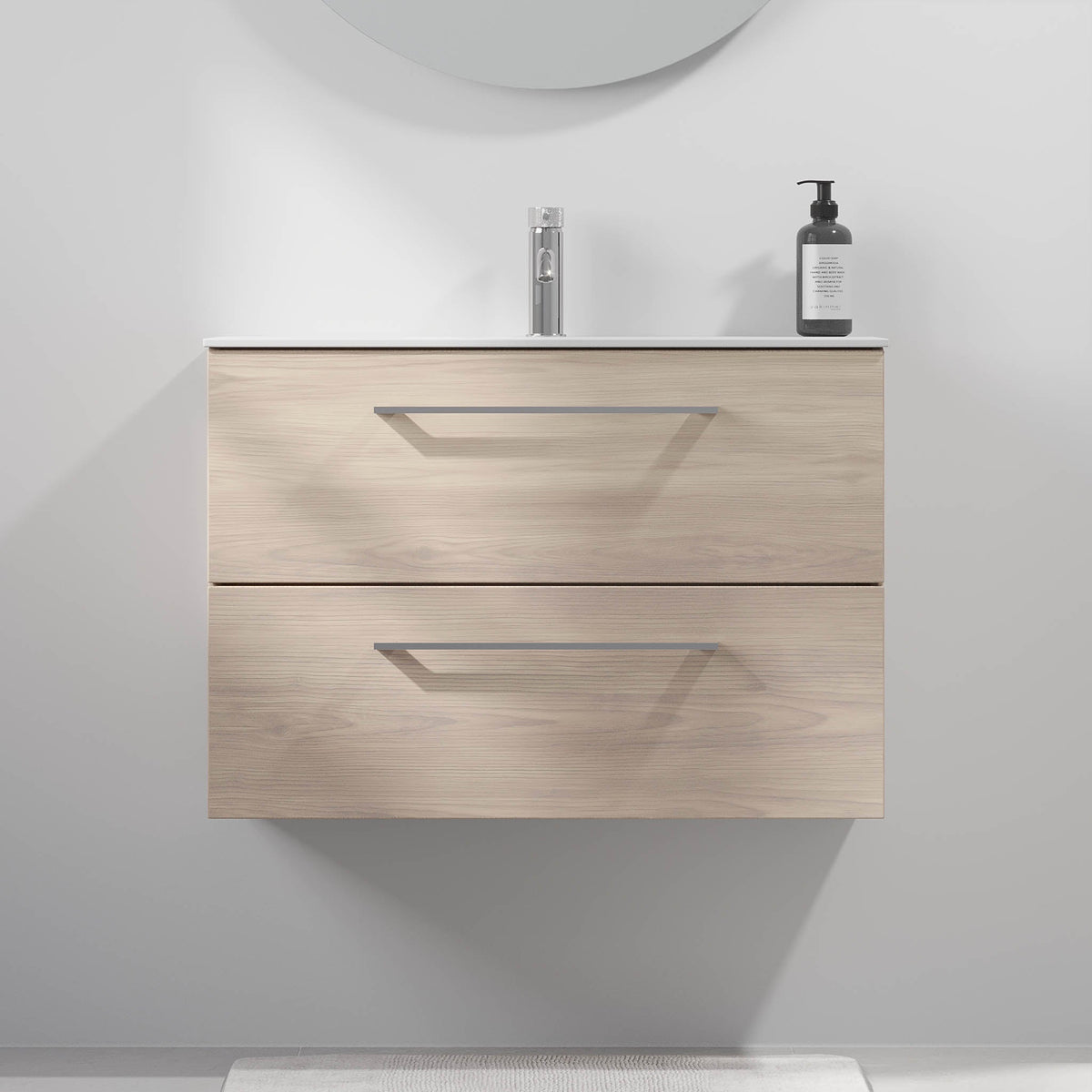 Badrumsmöbel med klassiska Fronter - 80x36x57 cm - SLIM - ljust trä - tvättställ i matt vit solid surface - Harstad - Tvättställsskåp - Bath Deluxe - 75-080-72-33-40 - BATHDELUXE SWEDEN