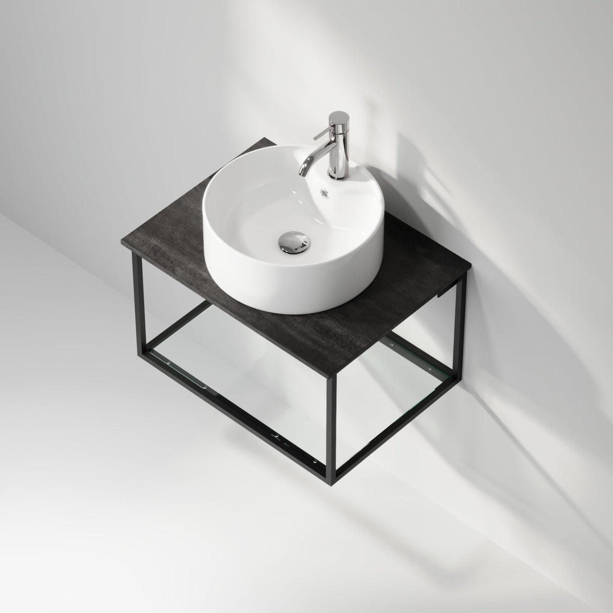 Badrumsmöbel med öppen metallram och botten i härdat glas - 60x46x50 cm - matt vit - vit fristående Porslin tvättställ - Bänkskiva i betonglook - Stenstorp - Tvättställsskåp - Bath Deluxe - 79-060-11-02-40 - BATHDELUXE SWEDEN