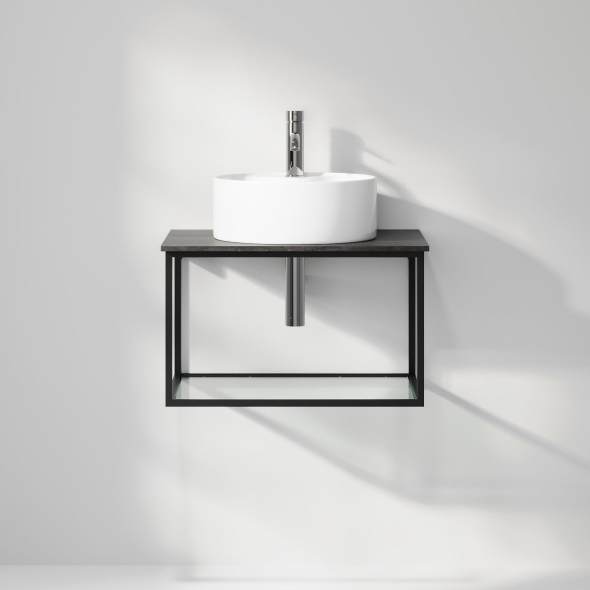 Badrumsmöbel med öppen metallram och botten i härdat glas - 60x46x50 cm - matt vit - vit fristående Porslin tvättställ - Bänkskiva i betonglook - Stenstorp - Tvättställsskåp - Bath Deluxe - 79-060-11-02-40 - BATHDELUXE SWEDEN