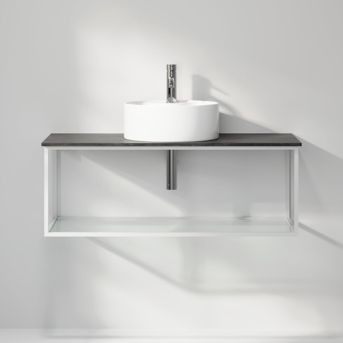 Badrumsmöbel med öppen metallram och botten i härdat glas - 100x46x50 cm - matt svart - vit fristående Porslin tvättställ - Bänkskiva i betonglook - Stenstorp - Tvättställsskåp - Bath Deluxe - 79-100-11-01-40 - BATHDELUXE SWEDEN