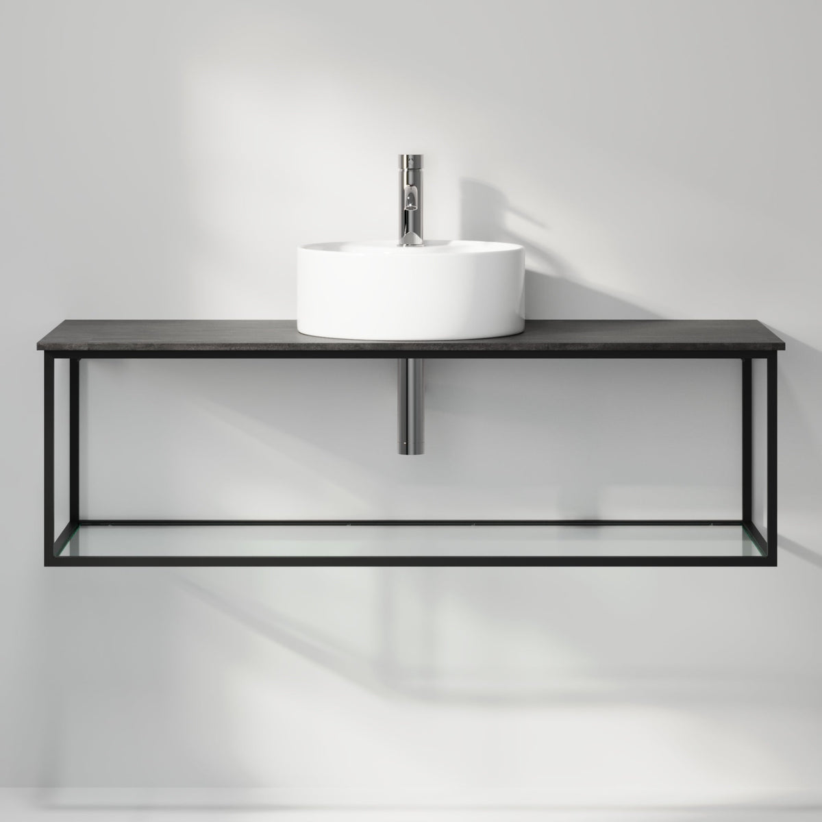 Badrumsmöbel med öppen metallram och botten i härdat glas - 120x46x50 cm - matt svart - vit fristående Porslin tvättställ - Bänkskiva i betonglook - Stenstorp - Tvättställsskåp - Bath Deluxe - 79-120-11-02-40 - BATHDELUXE SWEDEN