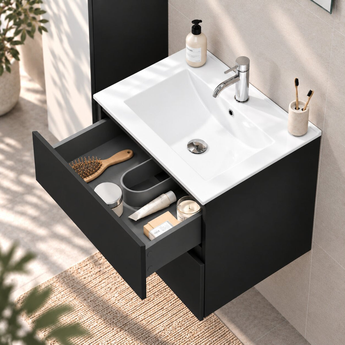 Badrumsmöbel med klassiska integrerade Fronter - 60x46x50 cm - matt svart - Porslin handfat - Kenwood - Tvättställsskåp - Bath Deluxe - Kenwood - 80-060-04-02-01 - BATHDELUXE SWEDEN